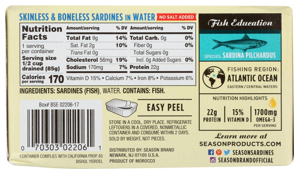 Seasons Brand Imported Skinless & Boneless Sardines in Water No Salt Added -- 4.25 oz - 3PC - Image 4