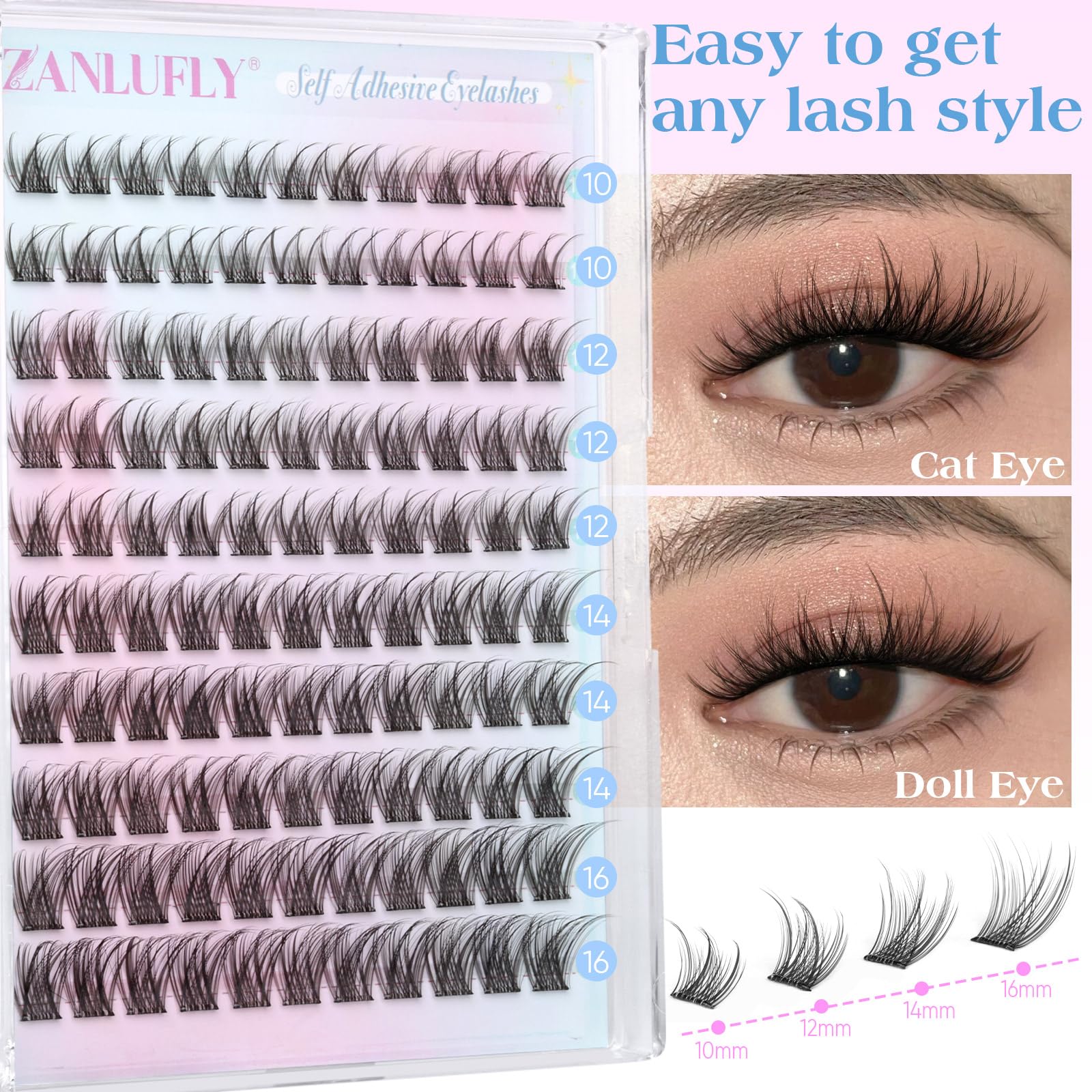 Self Adhesive Eyelashes Natural Self Adhesive Lash Clusters Pre glued Eyelash Clusters zanlufly No Glue Needed Lashes Wispy C-curly Cluster Eyelash extensions 10-16MM Individual Lashes - Image 7