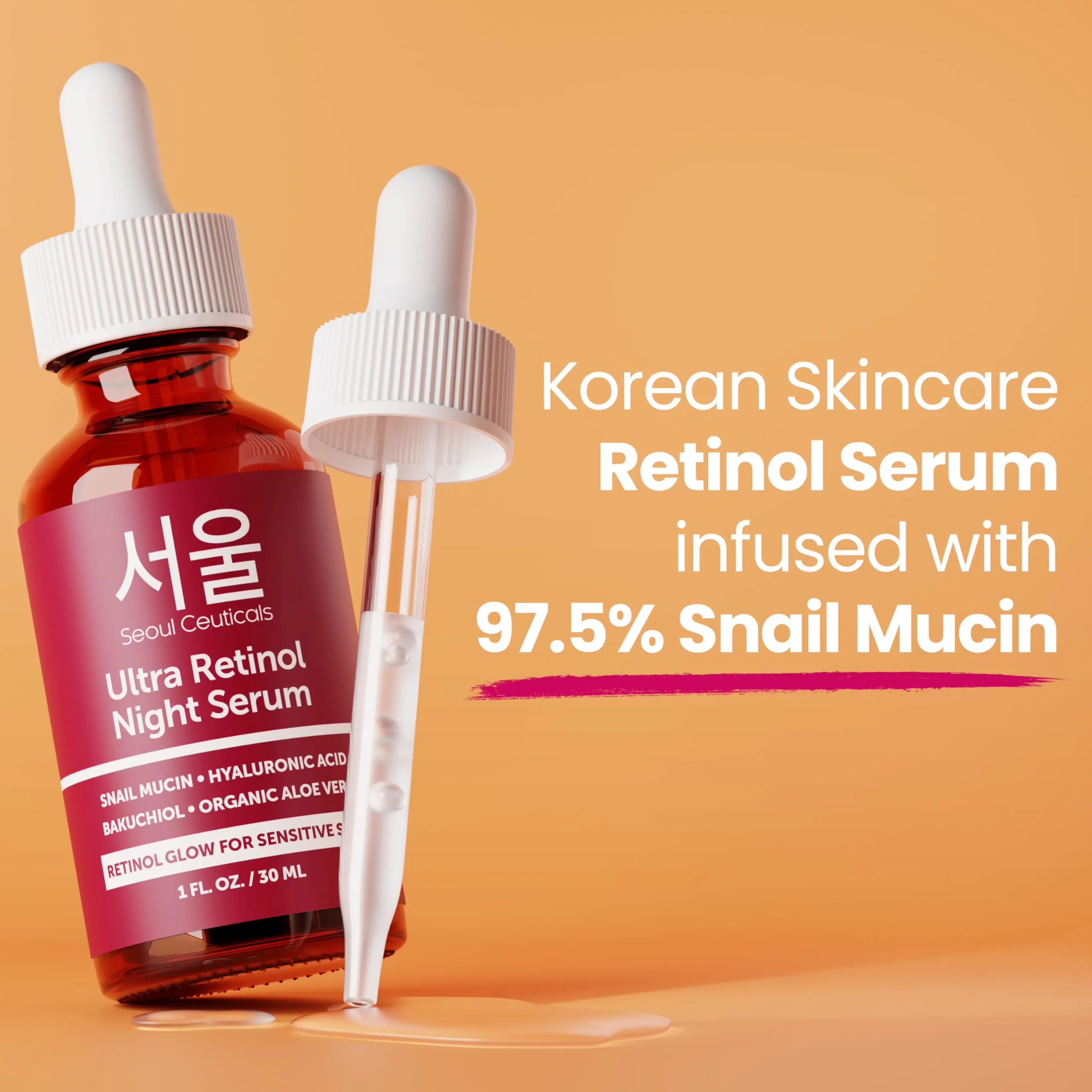 SeoulCeuticals 1% Korean Retinol Night Serum for Face - 97.5% Snail Mucin + Hyaluronic Acid + Bakuchiol, Cruelty Free K Beauty for Sensitive Skin 1oz - Image 4