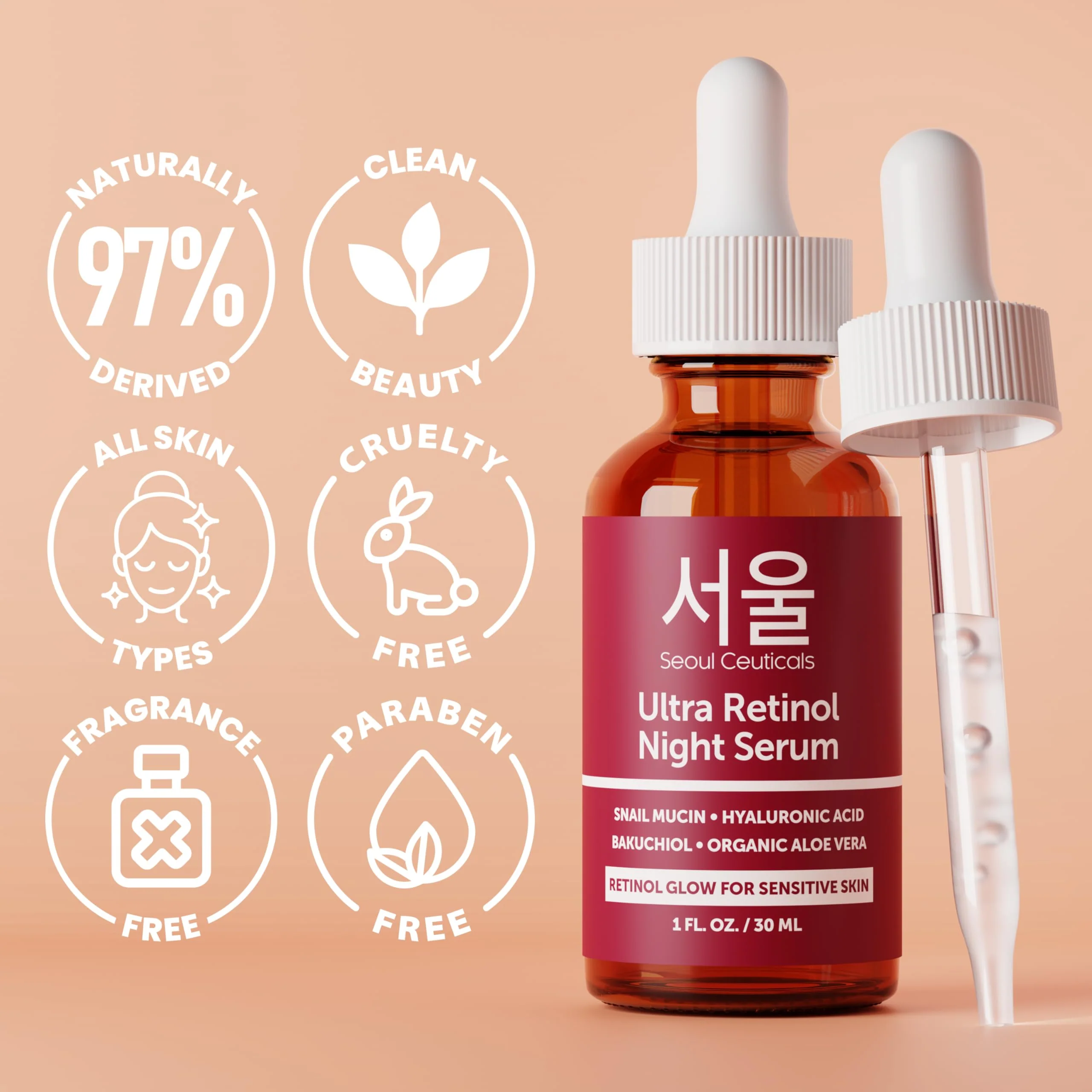 SeoulCeuticals 1% Korean Retinol Night Serum for Face - 97.5% Snail Mucin + Hyaluronic Acid + Bakuchiol, Cruelty Free K Beauty for Sensitive Skin 1oz - Image 6