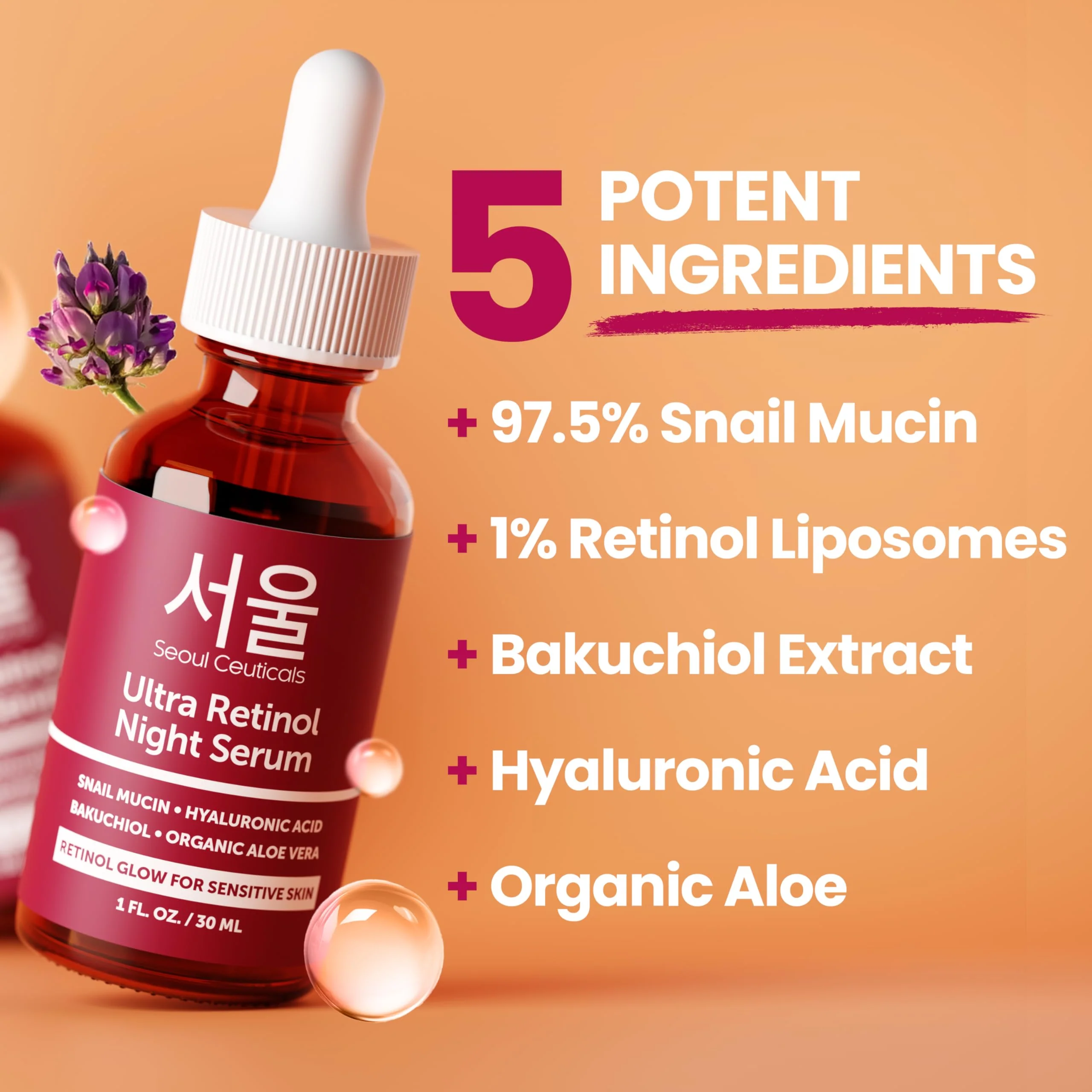 SeoulCeuticals 1% Korean Retinol Night Serum for Face - 97.5% Snail Mucin + Hyaluronic Acid + Bakuchiol, Cruelty Free K Beauty for Sensitive Skin 1oz - Image 8