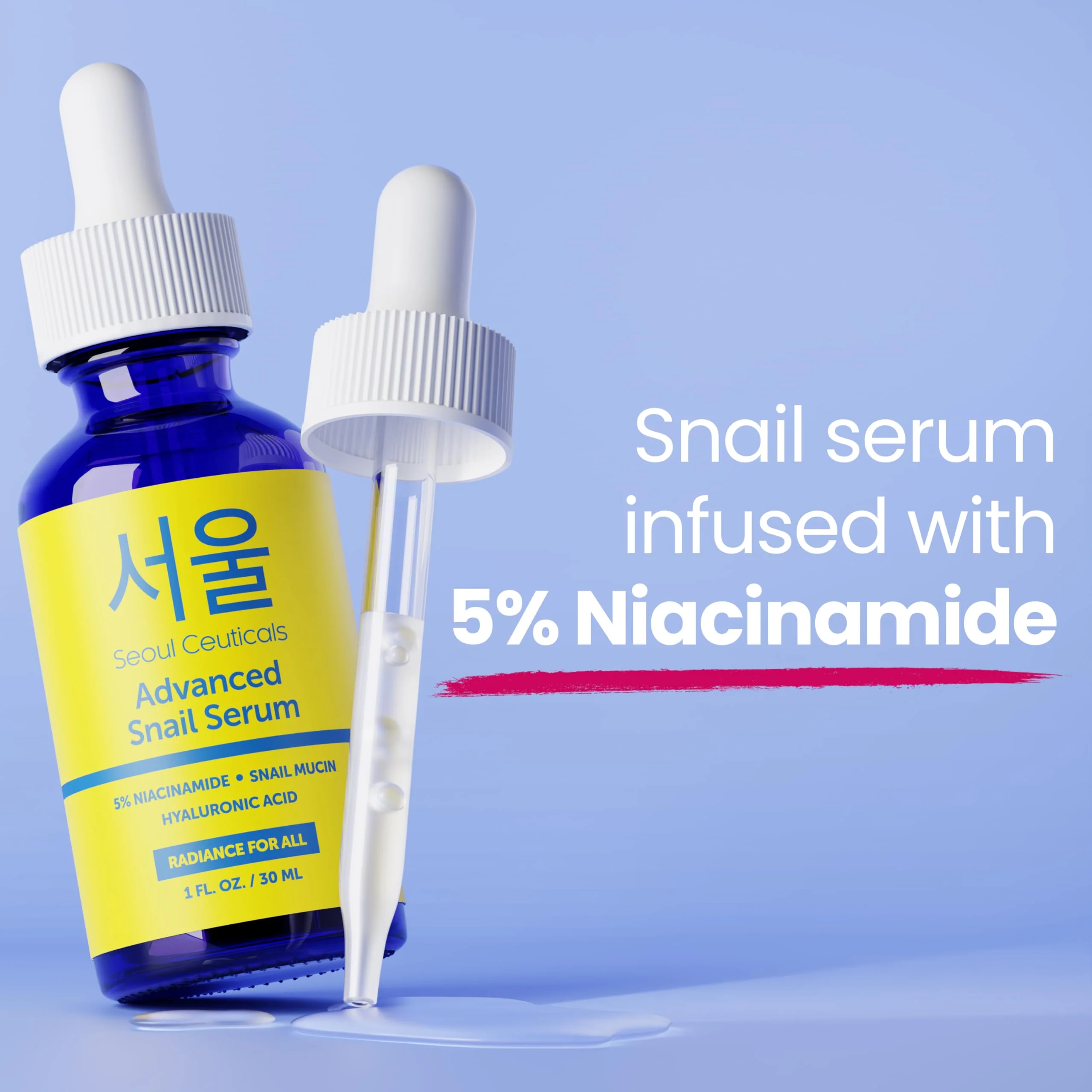 SeoulCeuticals Korean 5% Niacinamide + Snail Mucin 97.5% Essence Serum + Hyaluronic Acid, Cruelty Free Korean Skin Care, Natural & Organic Anti Aging Face Serum for Dull Skin, K Beauty 1oz - Image 4
