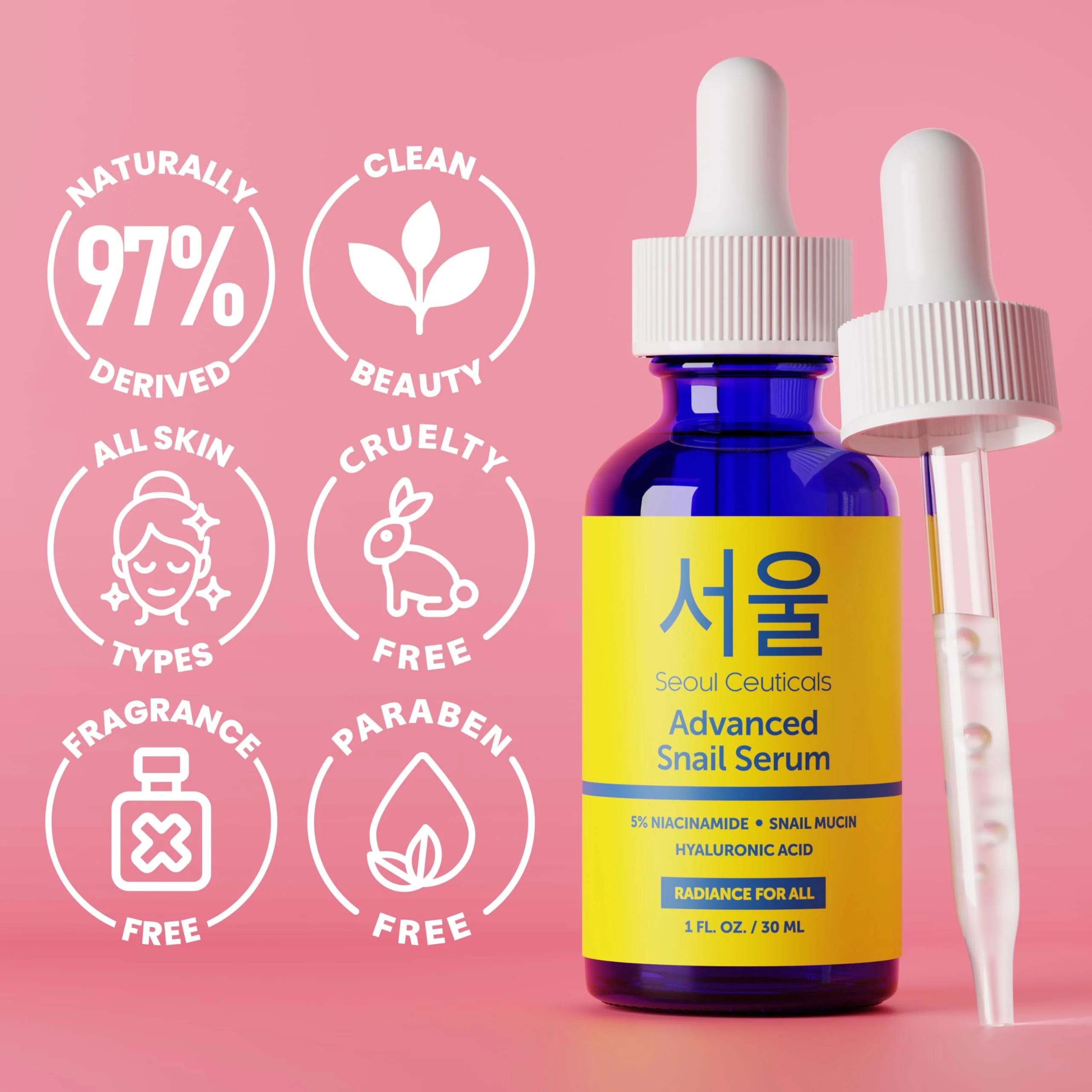 SeoulCeuticals Korean 5% Niacinamide + Snail Mucin 97.5% Essence Serum + Hyaluronic Acid, Cruelty Free Korean Skin Care, Natural & Organic Anti Aging Face Serum for Dull Skin, K Beauty 1oz - Image 6