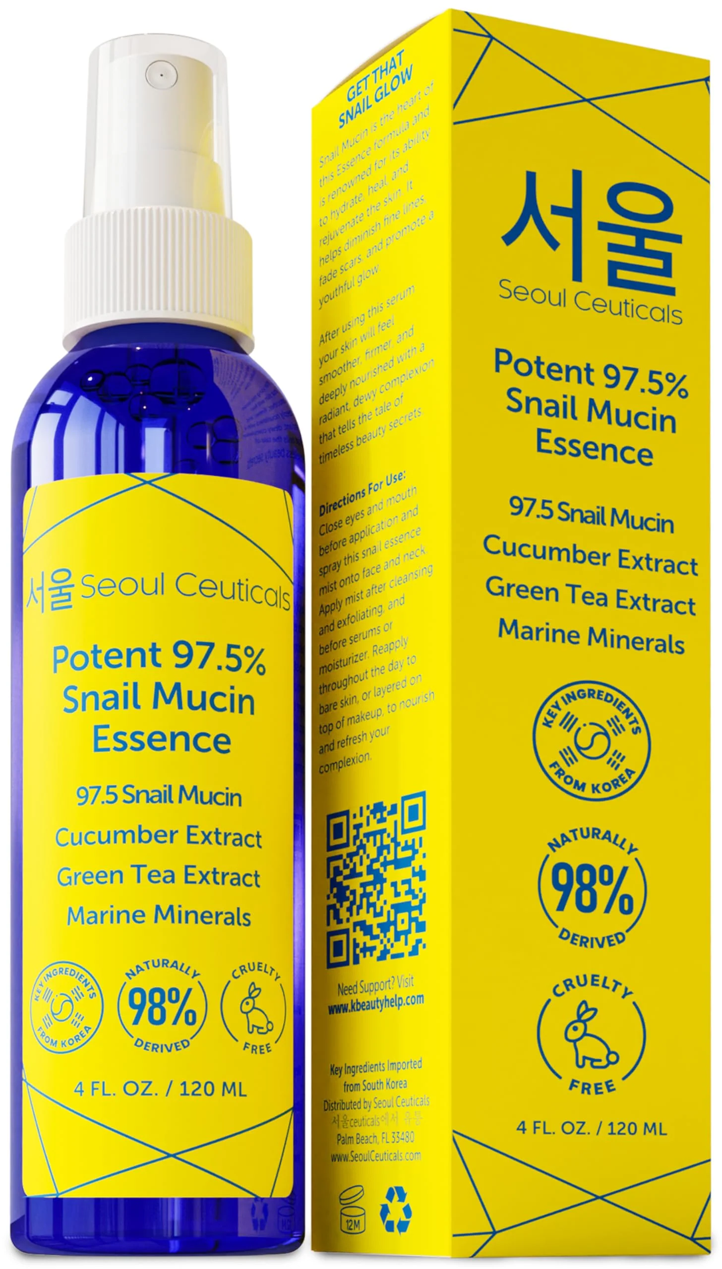 SeoulCeuticals Korean Face Mist 97.5% Snail Mucin Essence - K Beauty Skincare Facial Spray - Cucumber Extract + Marine Minerals + Green Tea + Aloe 4oz