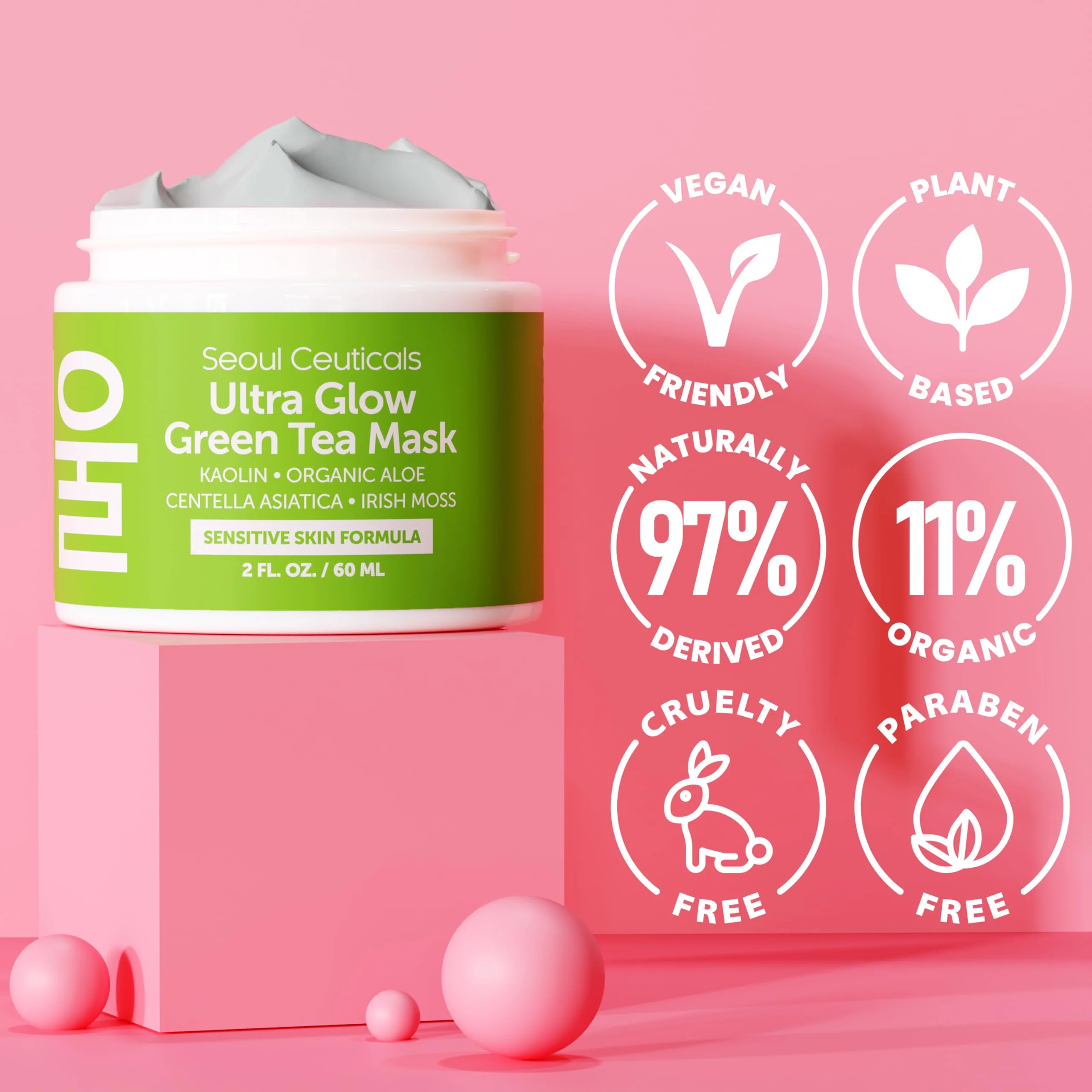 SeoulCeuticals Korean Skin Care Face Mask for Sensitive Skin - Korean Skincare Green Tea Wash Off Masks - K Beauty Face Masks - Aloe Vera Mask + Centella Asiatica Hydrating Facial Spa Mask 2oz - Image 7