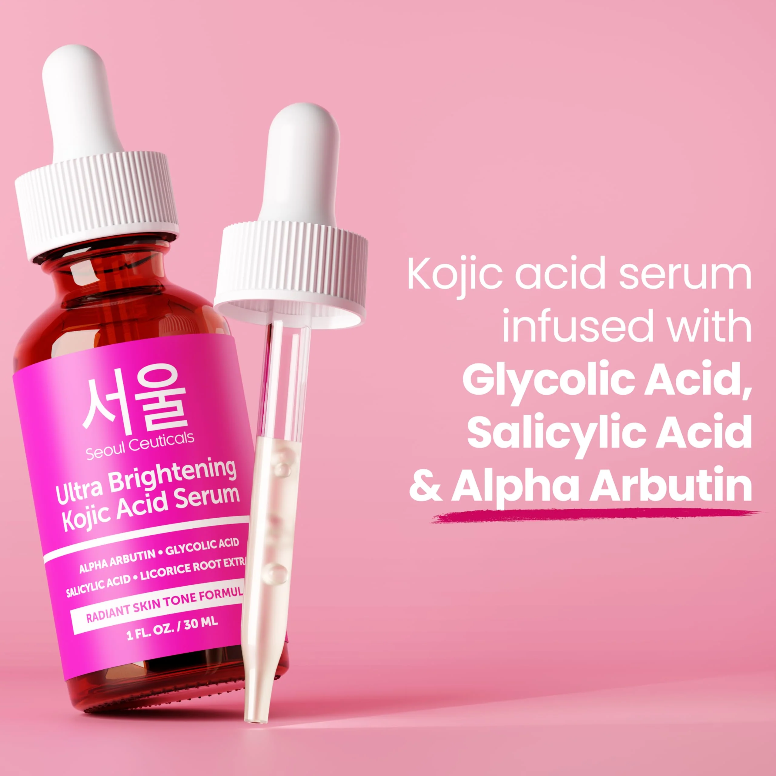 SeoulCeuticals Korean Skin Care Kojic Acid Serum Alpha Arbutin – Dark Spot Remover Corrector Glycolic Acid + Salicylic Acid K Beauty 1oz - Image 4