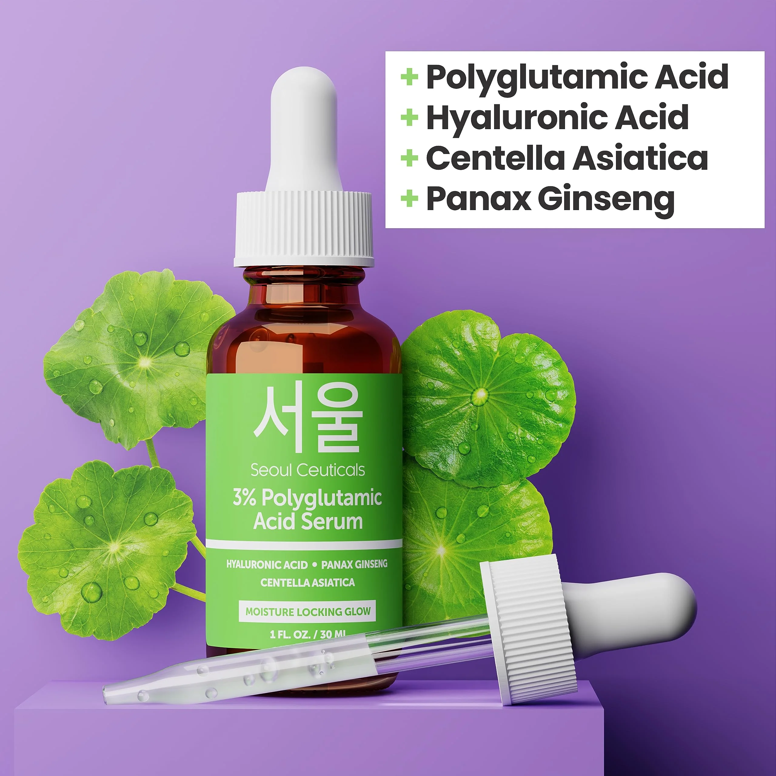 SeoulCeuticals Organic Polyglutamic Acid Serum - Korean Skin Care + Hyaluronic Acid + Centella Asiatica - K Beauty Anti Aging - Healthy Glowing Skin 1oz - Image 5