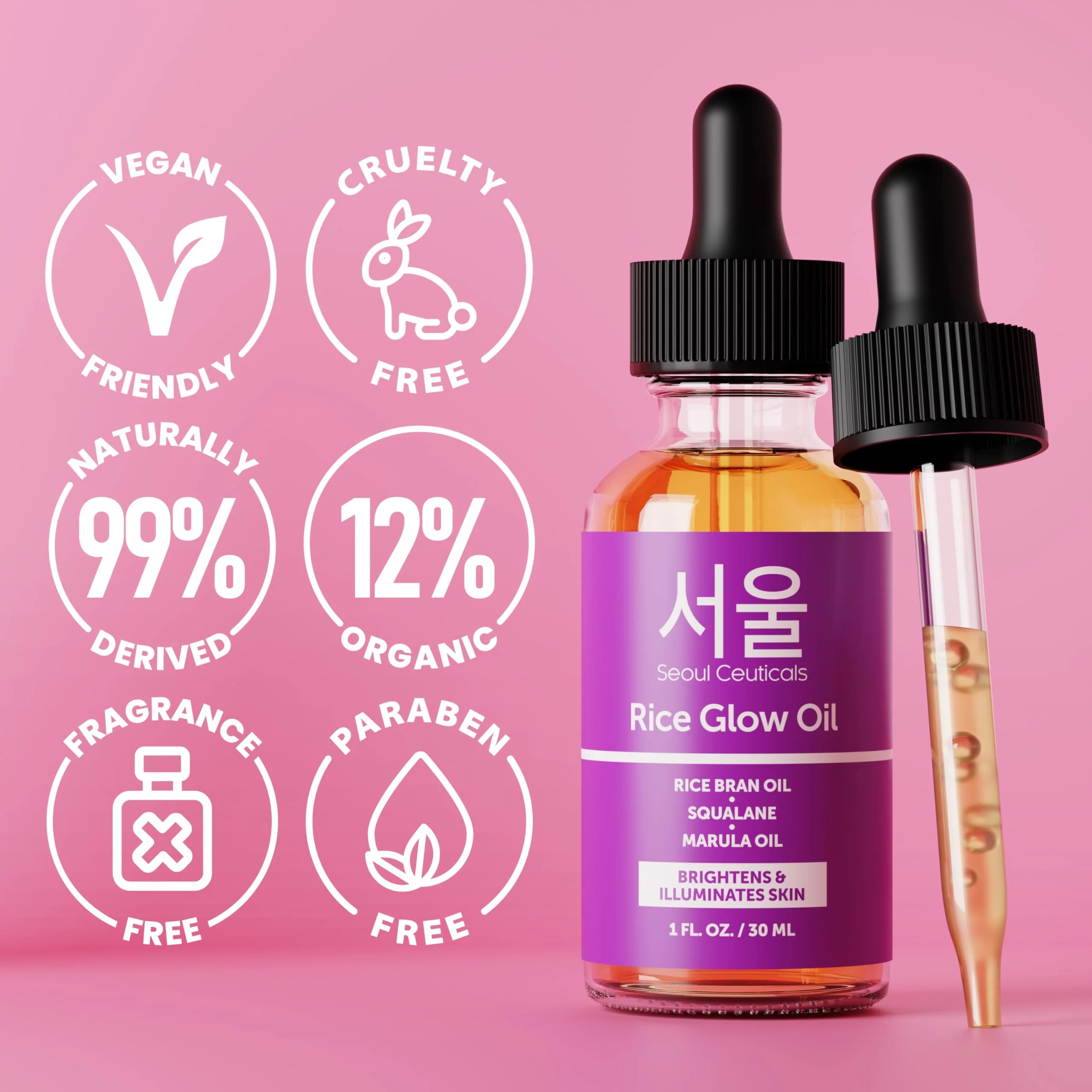 SeoulCeuticals Rice Bran Oil for Skin - Korean Skin Care Facial Glow Oil With Squalane & Vitamin E - Cruelty Free K Beauty Skincare 1oz - Image 6