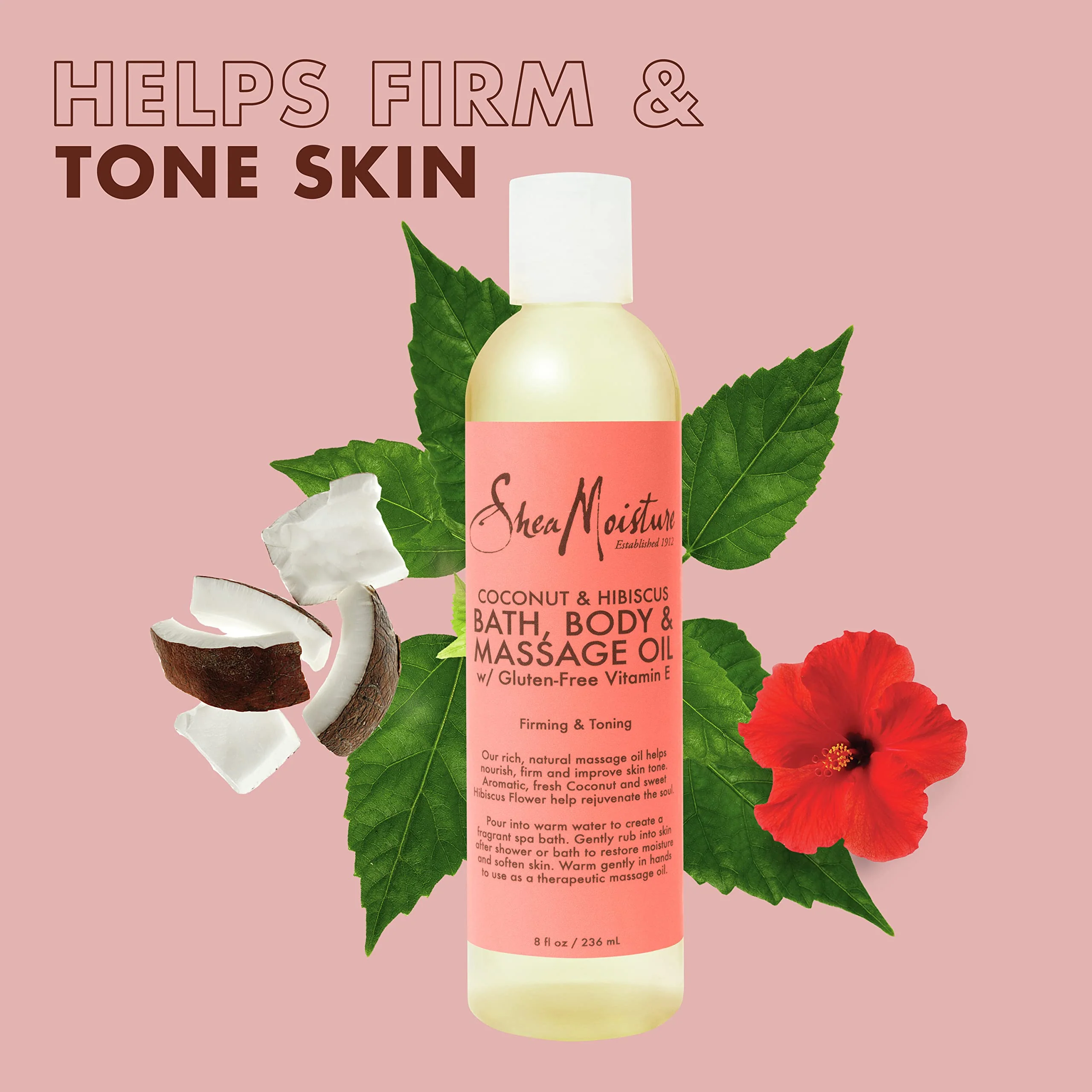 Shea Moisture Coconut & Hibiscus Massage Oil and Body Oil for Dry Skin, Bath Oil with Coconut Oil and Vitamin E Oil for Skin, 8 oz - Image 2