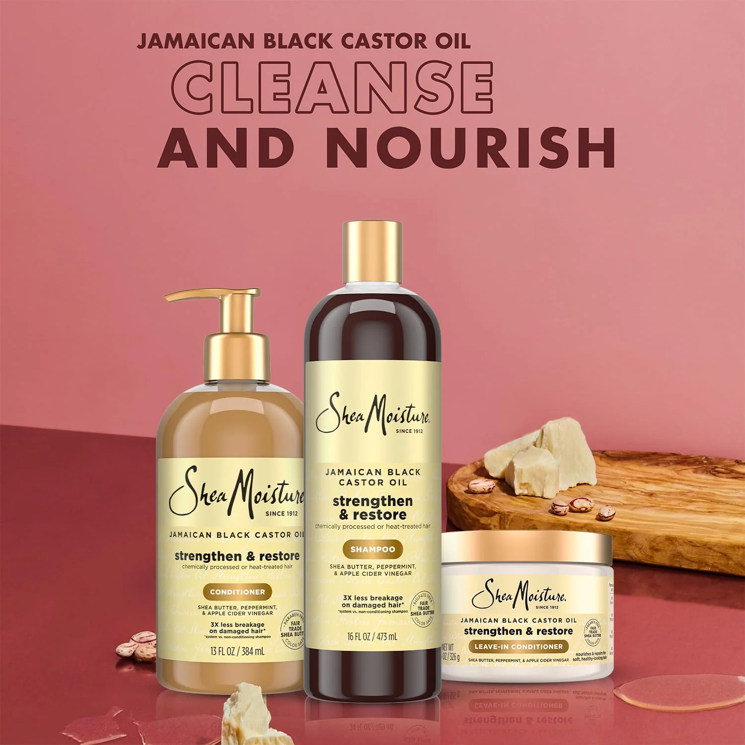 SheaMoisture Jamaican Black Castor Oil Strengthen & Restore Hair Repair Shampoo, Conditioner + Leave-In Conditioner - Image 3