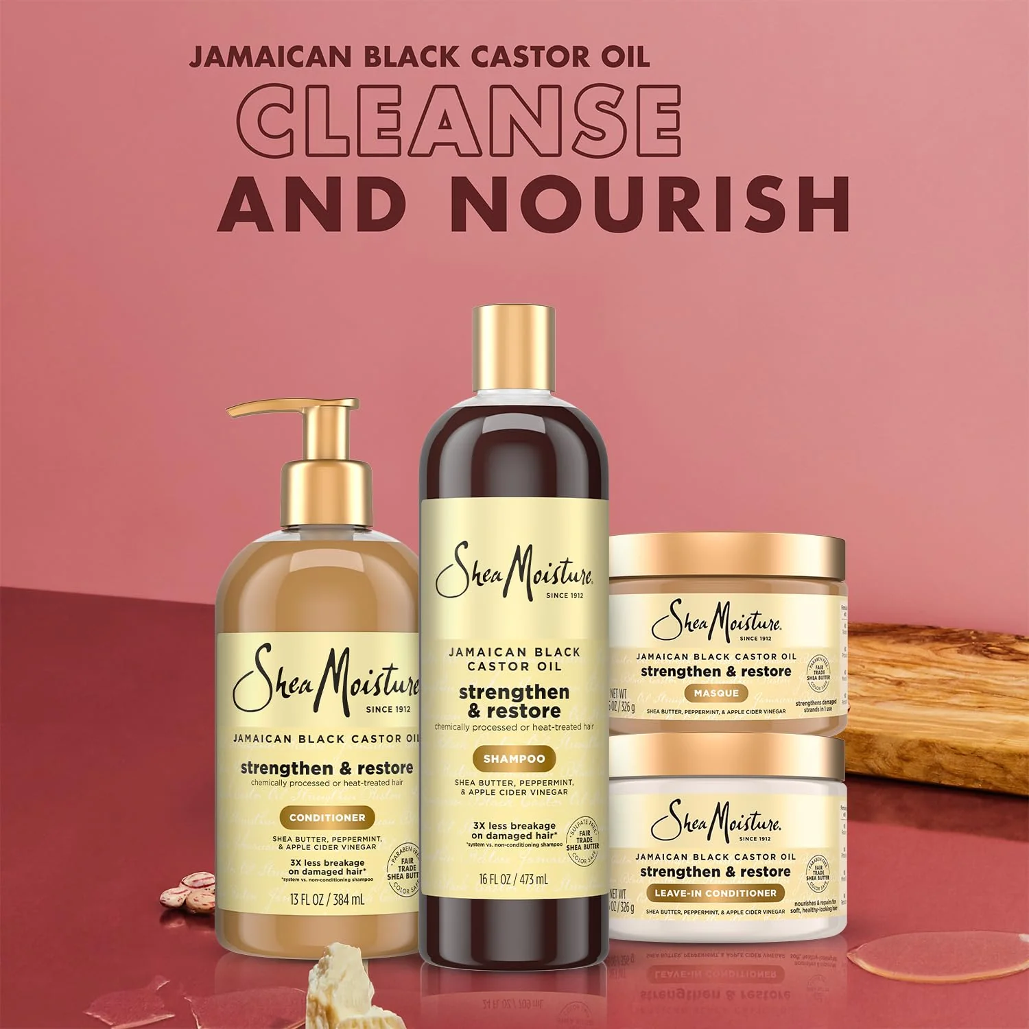 SheaMoisture Jamaican Black Castor Oil Strengthen & Restore Hair Repair Shampoo, Conditioner, Masque + Leave-In Conditioner Bundle - Image 3