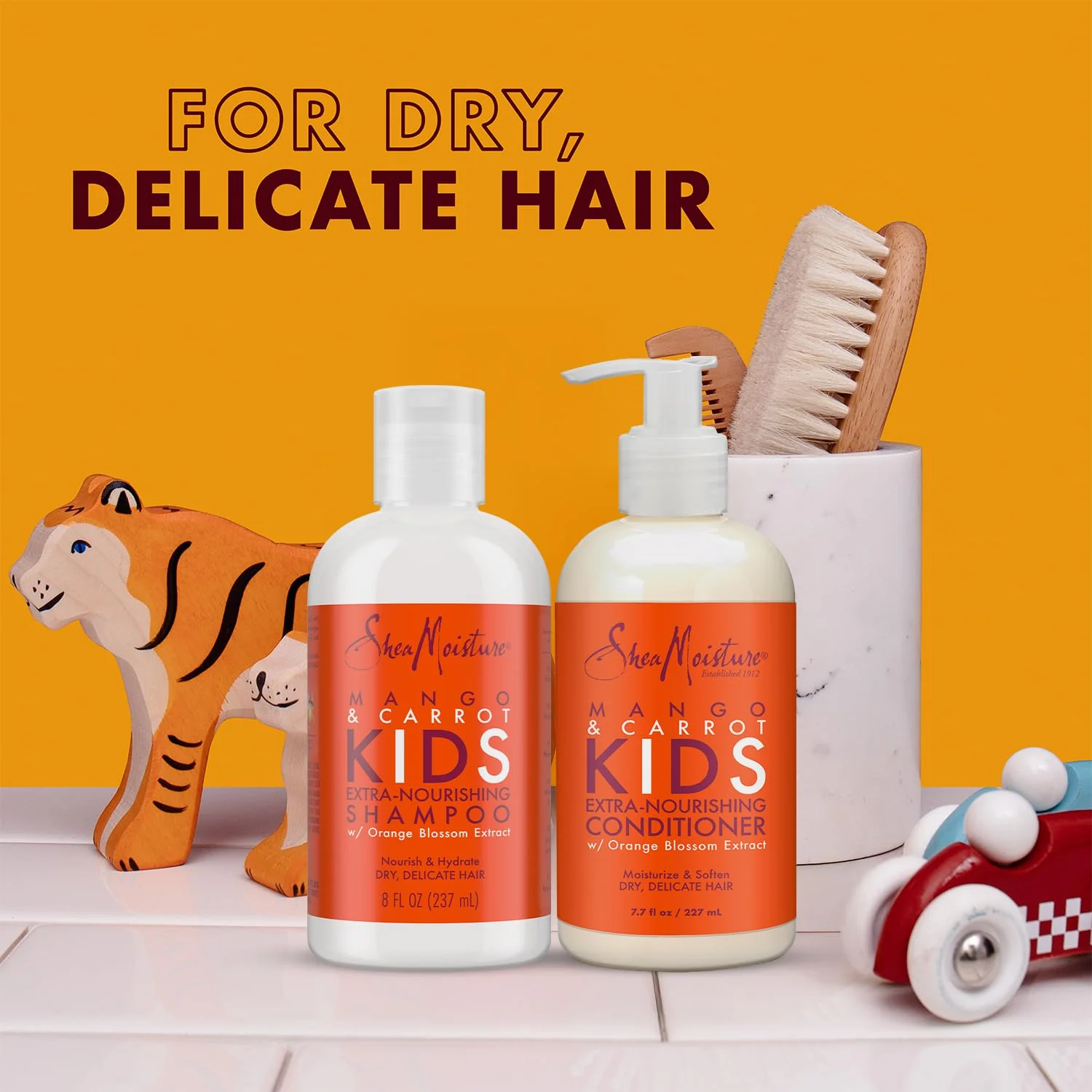 SheaMoisture Kids Mango & Carrot Shampoo and Conditioner Set w/Orange Blossom Extract + Coconut & Hibiscus Extra-Moisturizing Detangler Spray, Anti-Frizz Hair Products for Kids - Image 3