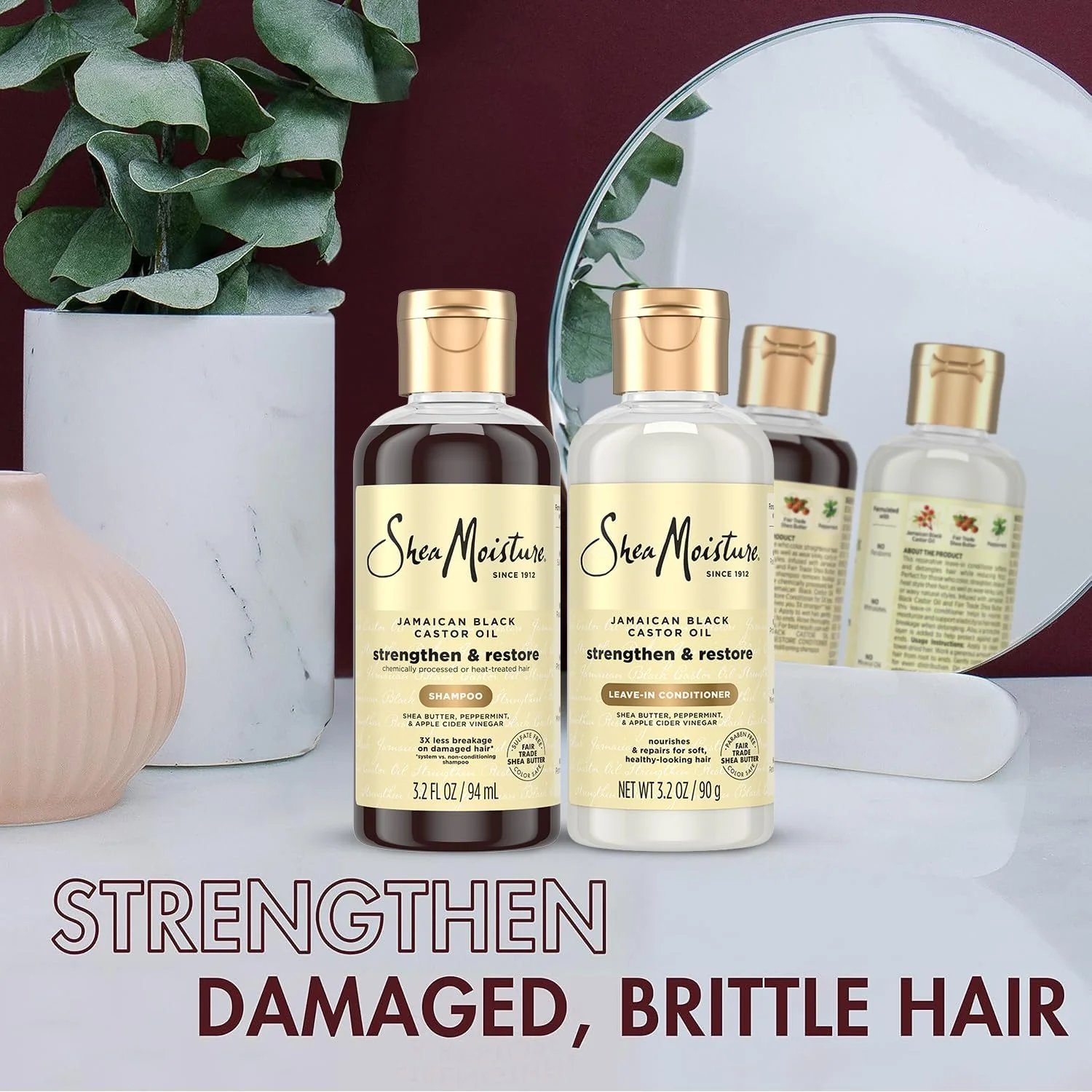 SheaMoisture Travel Essentials, Jamaican Black Castor Oil Strengthen & Restore Shampoo and Leave-in Conditioner Set, 3.2 Oz Each - Image 3