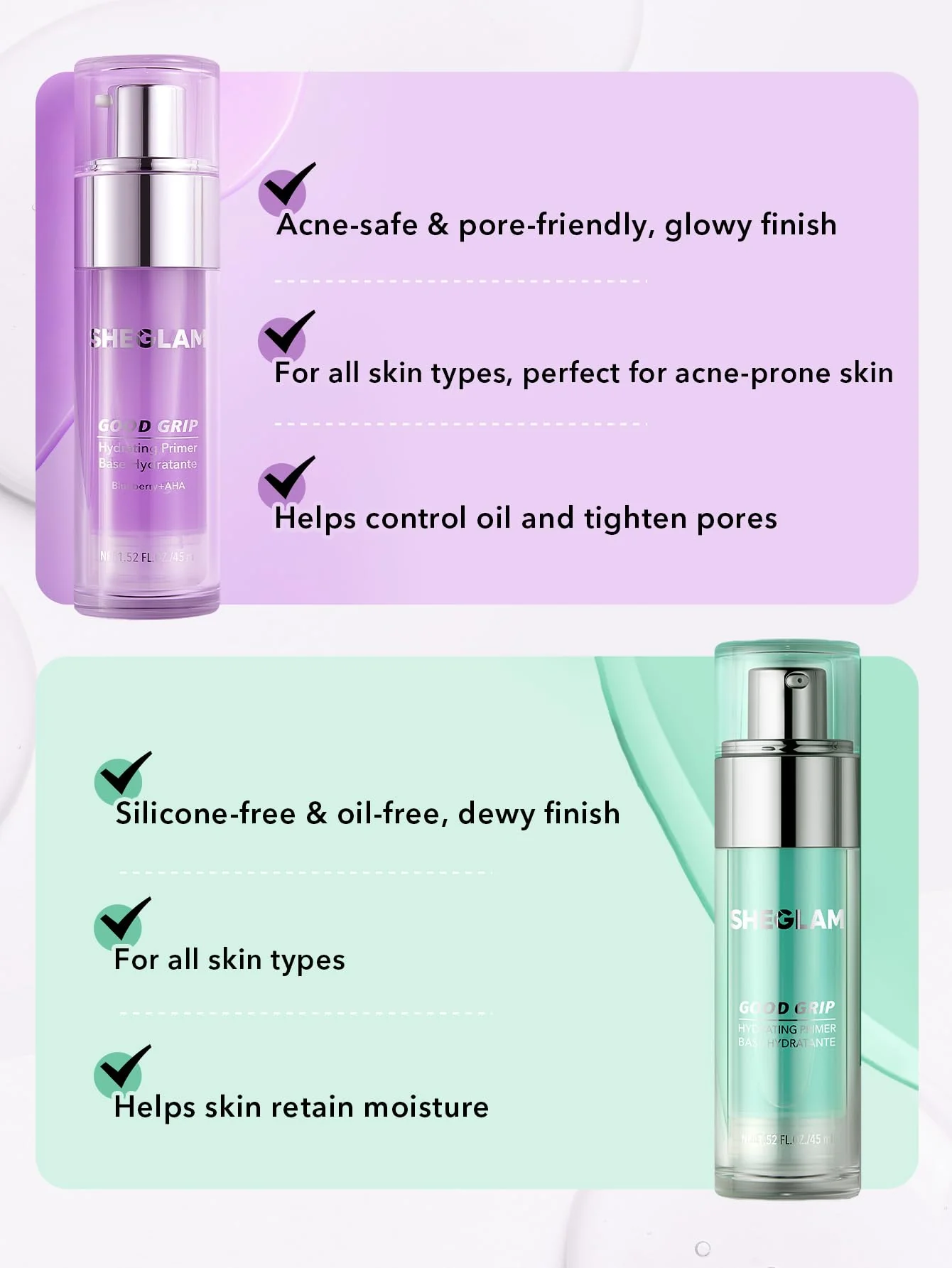 SHEGLAM Good Grip Hydrating Primer Oil Control Moisturizing Primer Gel Smooth Fine Lines Oil And Silicone-Free Face -Blueberry + Aha-Purple - Image 2