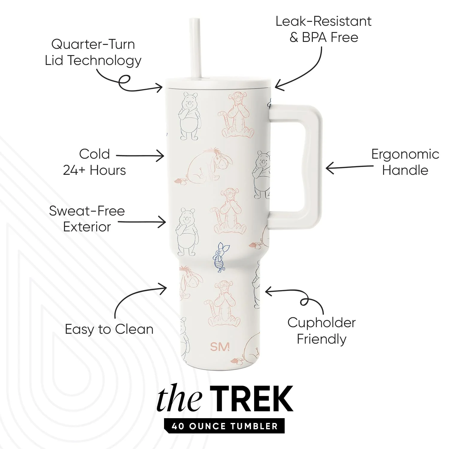 Simple Modern Disney 40 oz Trek Tumbler with Handle and Straw Lid | Cup Holder Friendly Insulated Stainless Steel Travel Mug | Winnie the Pooh Doodles - Image 10