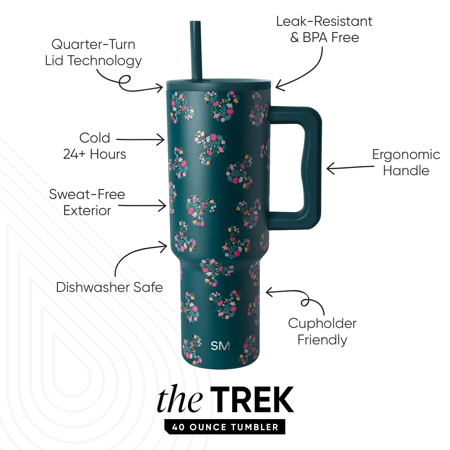Simple Modern Disney 40 oz Tumbler with Handle and Straw Lid | Insulated Reusable Stainless Steel Water Bottle Travel Mug | Gifts for Women Her | Trek Collection | 40oz | Mickey Mouse Floral Riptide - Image 10