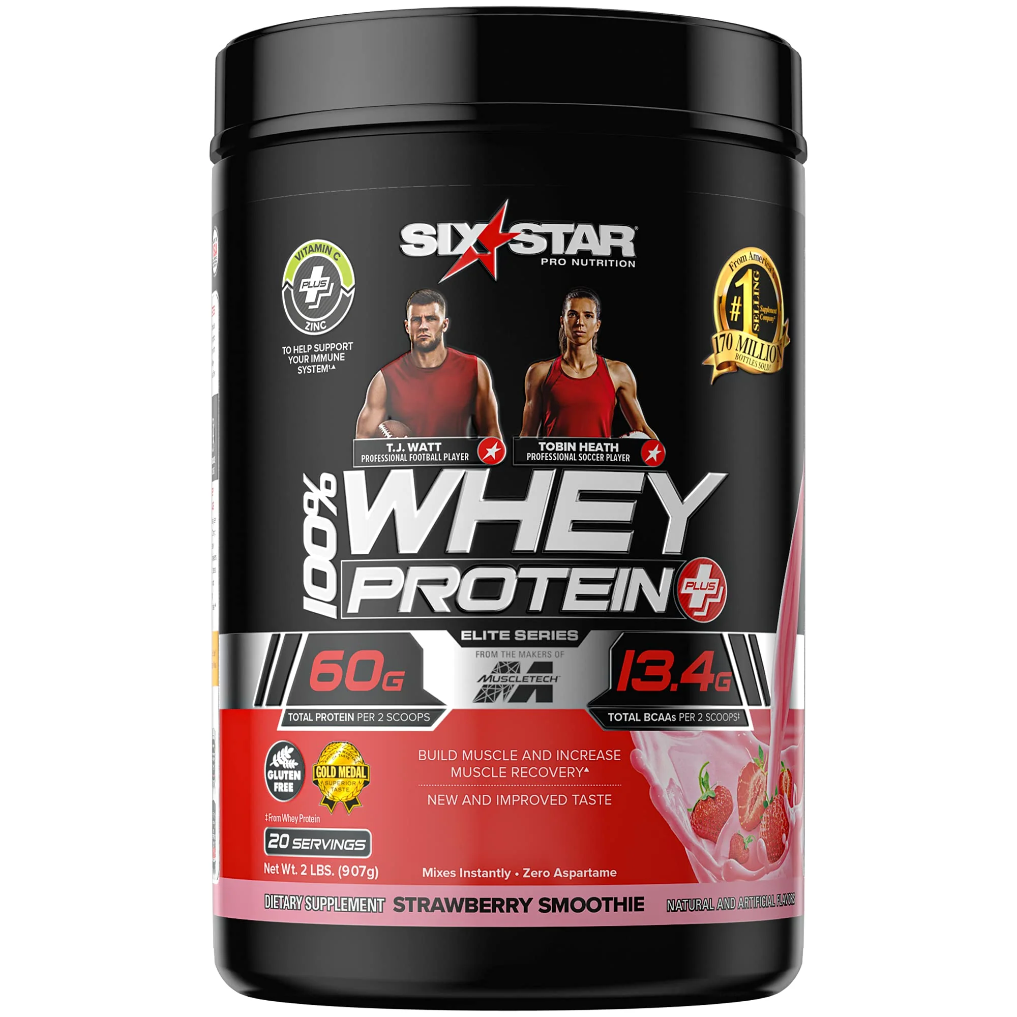 Six Star Whey Protein Plus Powder + Immune Support, Isolate & Peptides + Muscle Builder for Gain & Recovery, Strawberry, 32 Oz