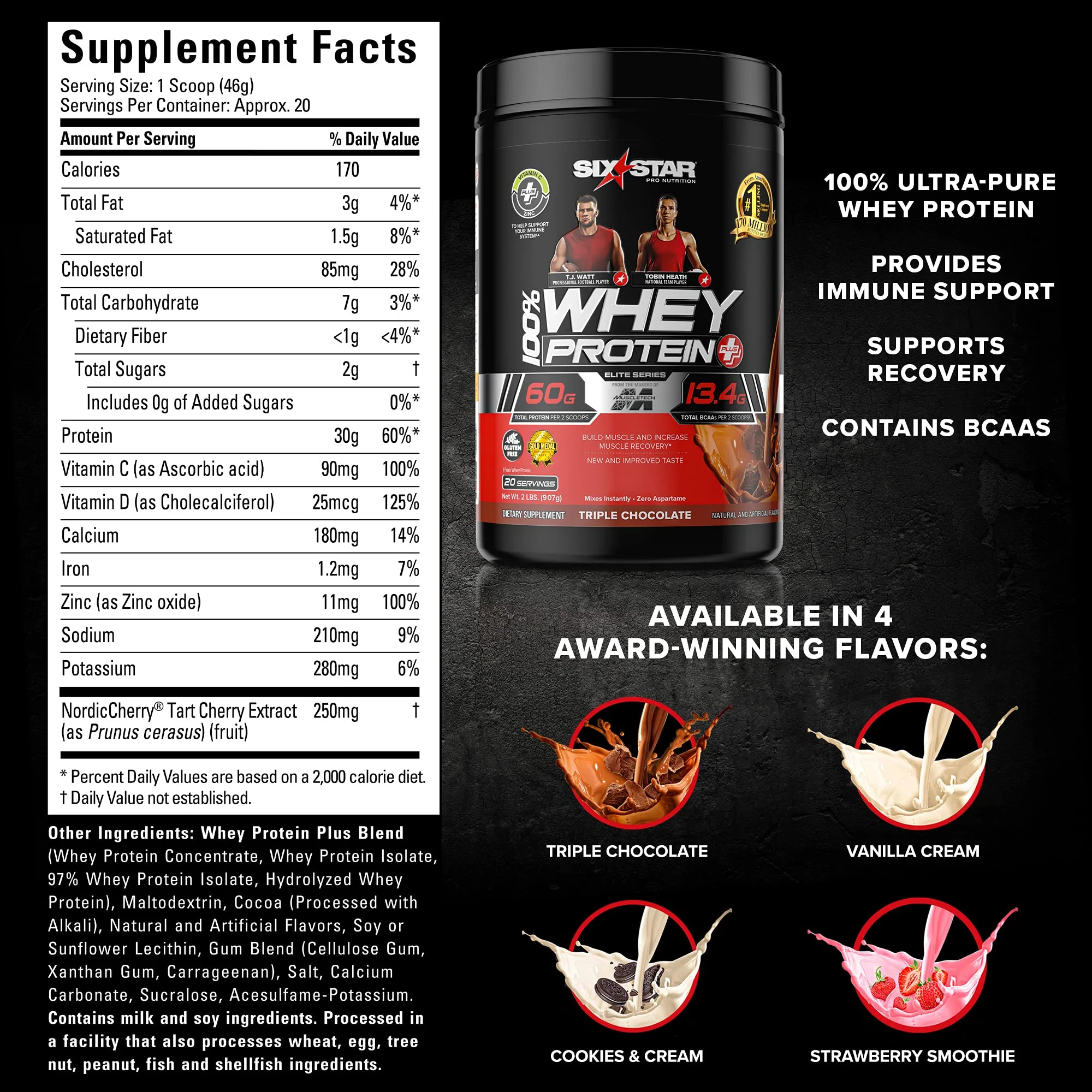 Six Star Whey Protein Plus Powder + Immune Support, Isolate & Peptides + Muscle Builder for Gain & Recovery, Strawberry, 32 Oz - Image 9