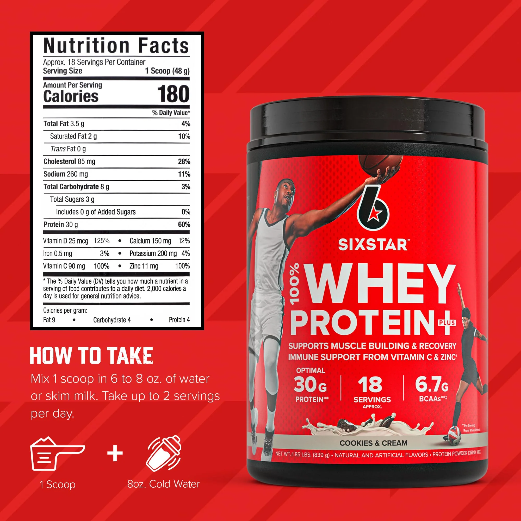 Six Star Whey Protein Powder Plus - Muscle Building & Recovery Formula with Whey Isolate Powder, BCAAs, 30g Protein, Immune Support - Post-Workout Supplement - Cookies and Cream, 1.8 lbs - Image 3