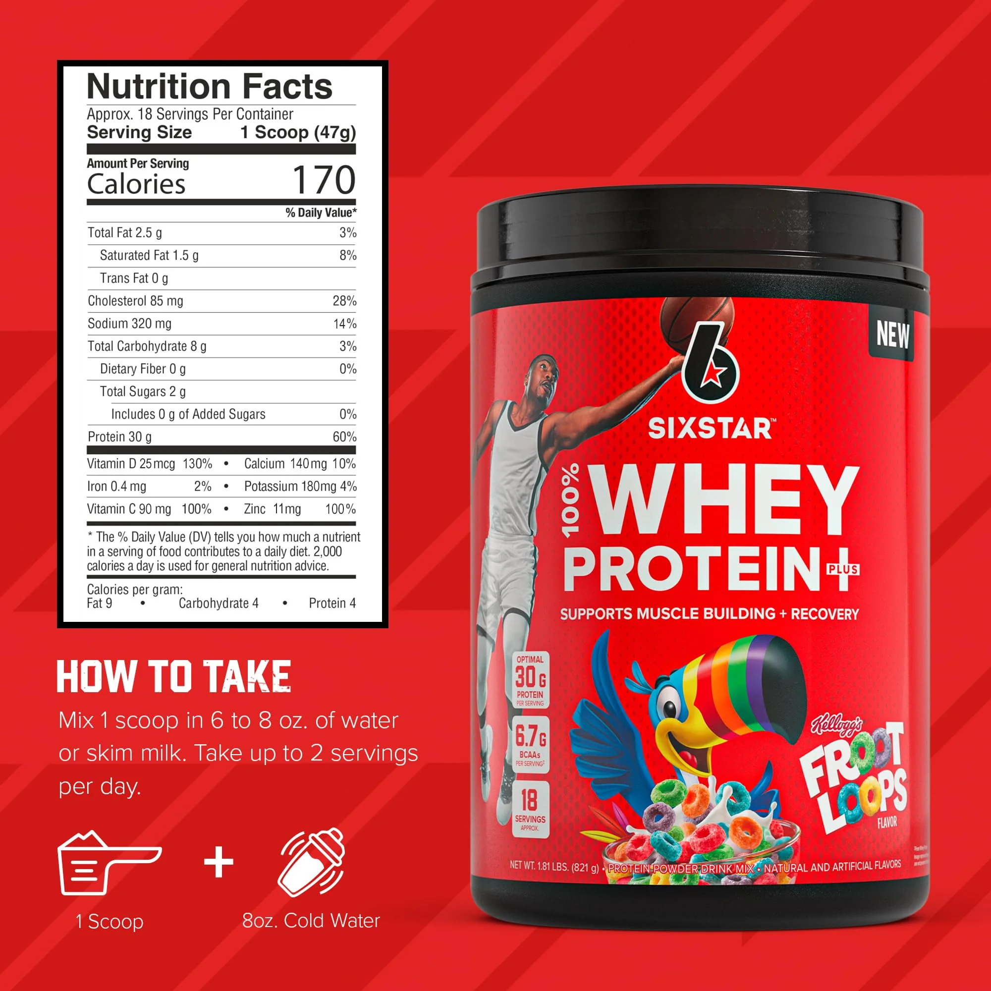 Six Star Whey Protein Powder Plus - Muscle Building & Recovery Formula with Whey Isolate Powder, BCAAs, 30g Protein, Immune Support - Post-Workout Supplement - Kellogg’s Froot Loops Flavor, 1.8 lbs - Image 3