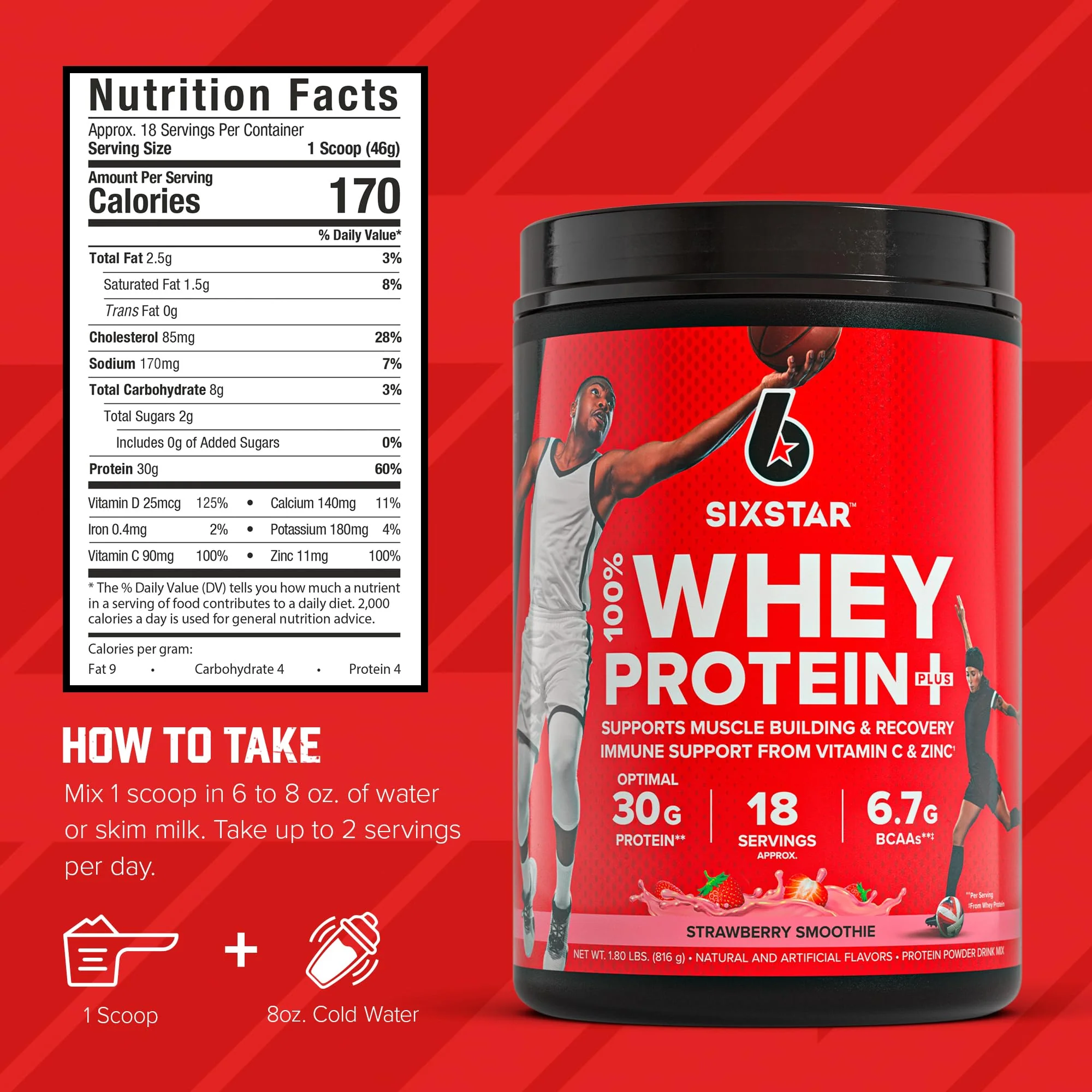 Six Star Whey Protein Powder Plus - Muscle Building & Recovery Formula with Whey Isolate Powder, BCAAs, 30g Protein, Immune Support - Post-Workout Supplement - Strawberry Smoothie, 1.8 lbs - Image 3