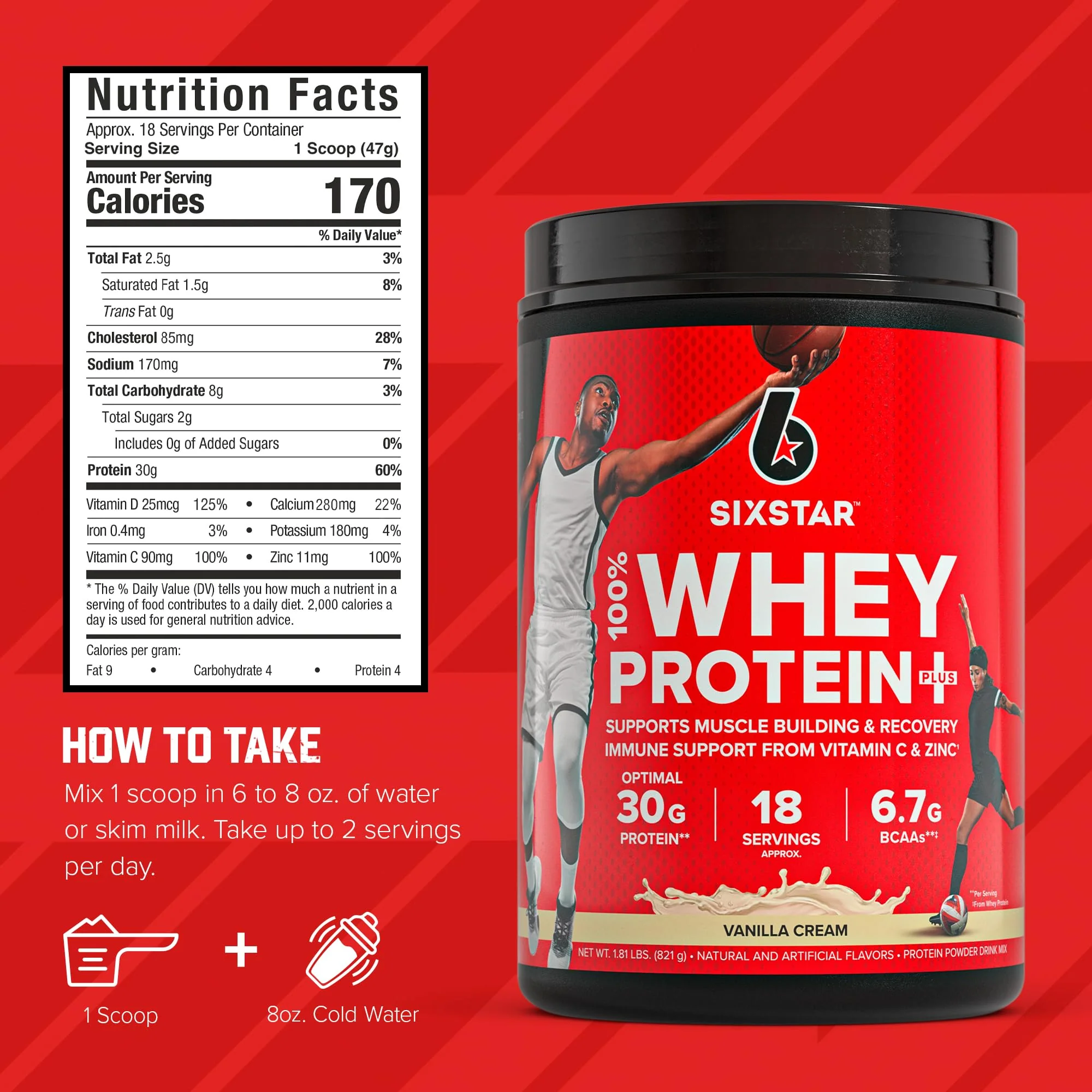 Six Star Whey Protein Powder Plus - Muscle Building & Recovery Formula with Whey Isolate Powder, BCAAs, 30g Protein, Immune Support - Post-Workout Supplement - Vanilla Cream, 1.8 lbs - Image 3