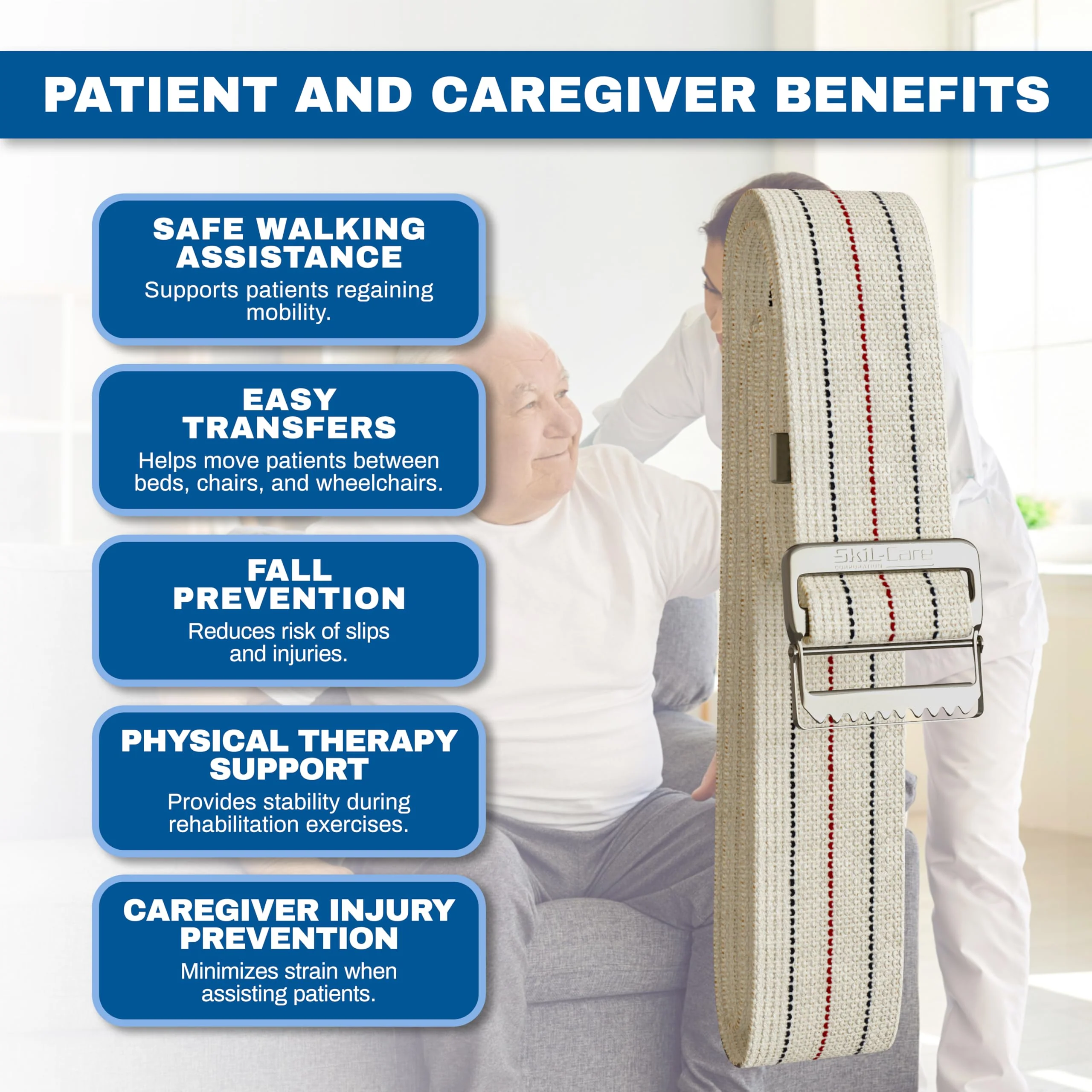 Skil-Care Cotton Gait Belt, Pinstripe, Metal Buckle, 72"L and 2" Wide, Durable Transfer and Physical Therapy Belt, 252074 - Image 4