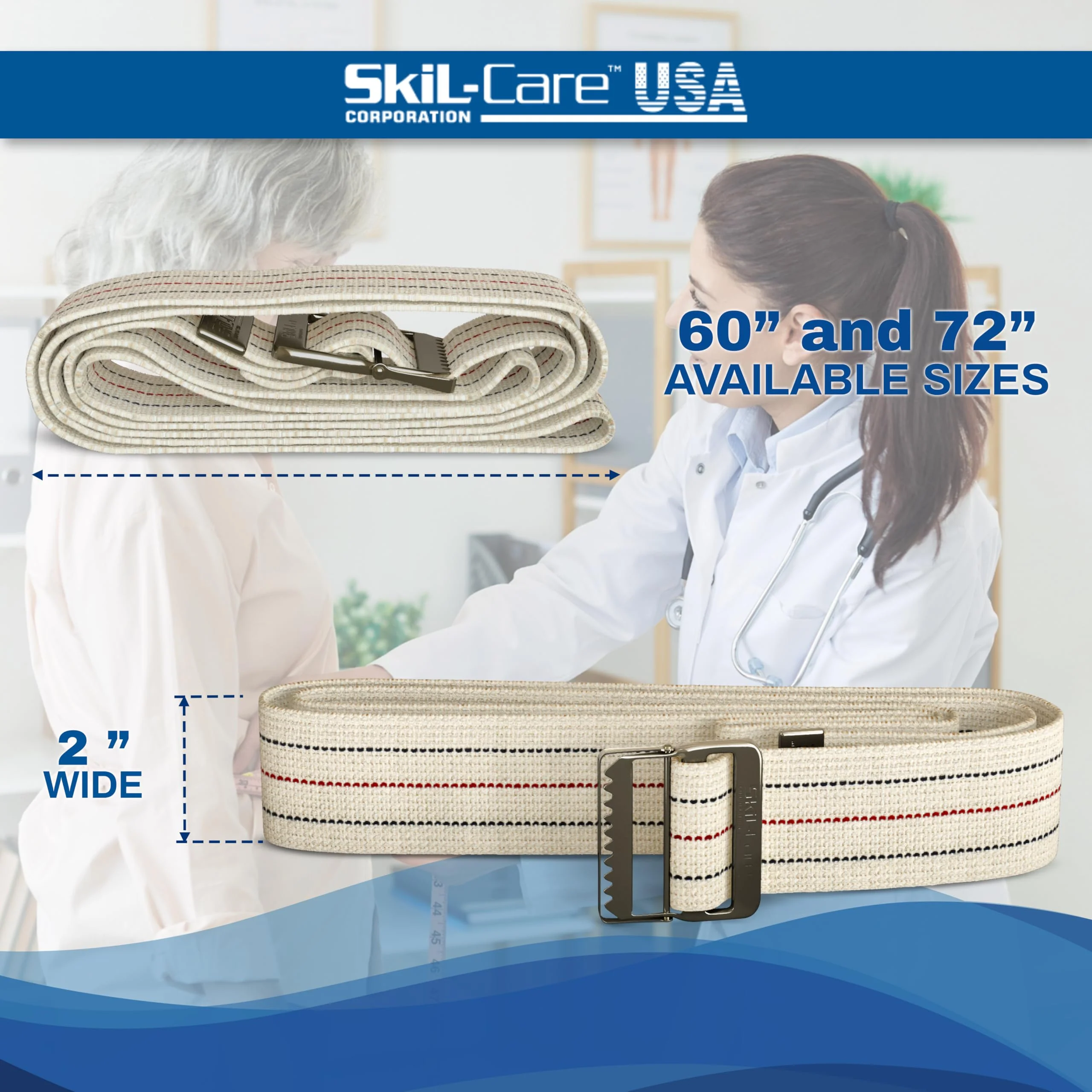 Skil-Care Cotton Gait Belt, Pinstripe, Metal Buckle, 72"L and 2" Wide, Durable Transfer and Physical Therapy Belt, 252074 - Image 5