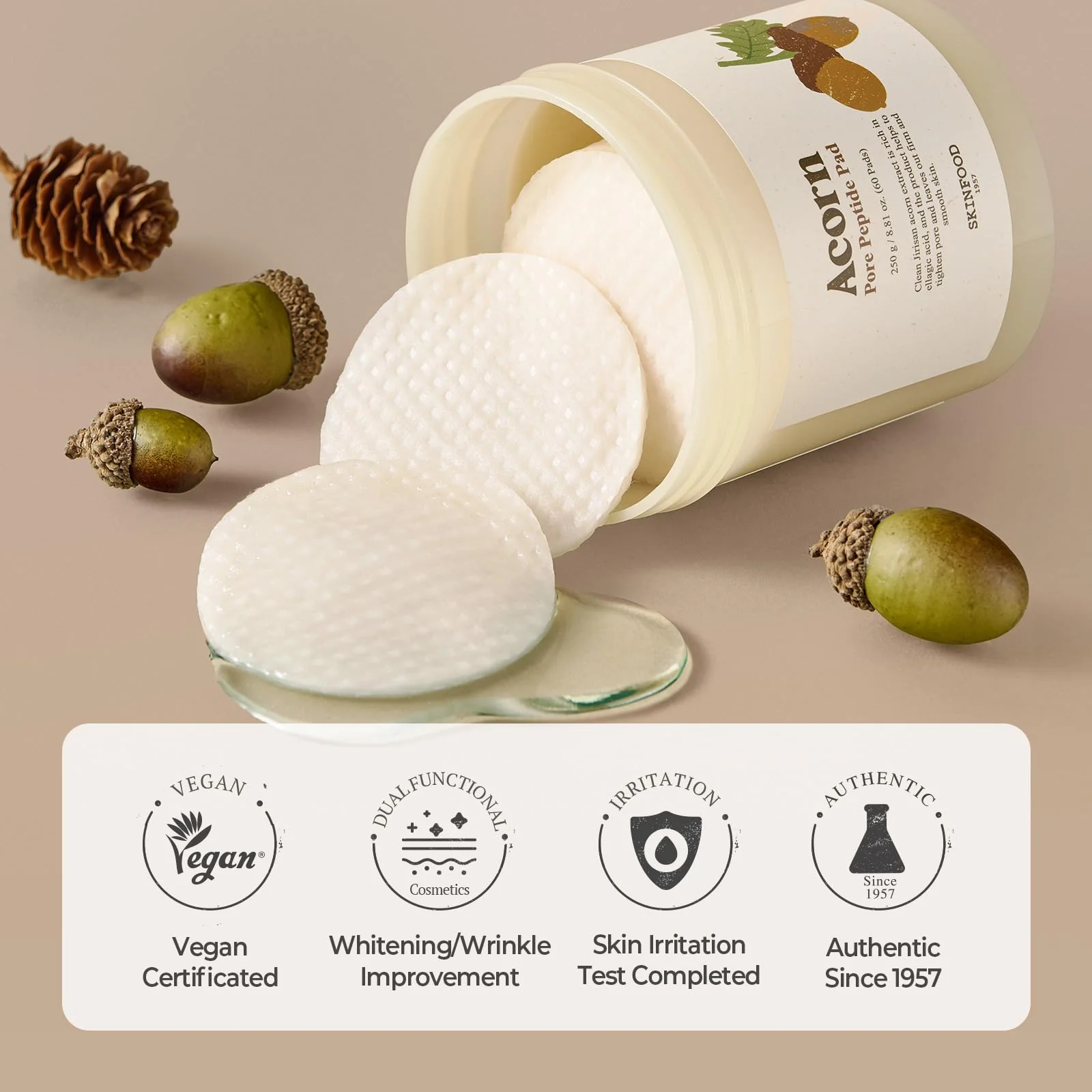 SKINFOOD Acorn Pore Peptide Toner Pad, Korean Skincare Facial Toner, Pore Tightening, Elasticity, Skin Texture Improvement, Firming Up Sagging Skin 8.81 oz (60 Pads) - Image 4