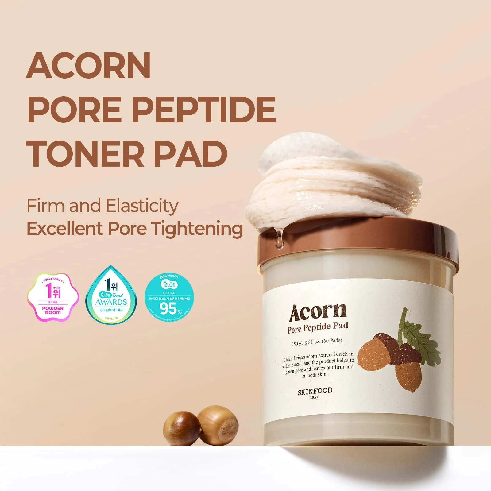 SKINFOOD Acorn Pore Peptide Toner Pad, Korean Skincare Facial Toner, Pore Tightening, Elasticity, Skin Texture Improvement, Firming Up Sagging Skin 8.81 oz (60 Pads) - Image 9