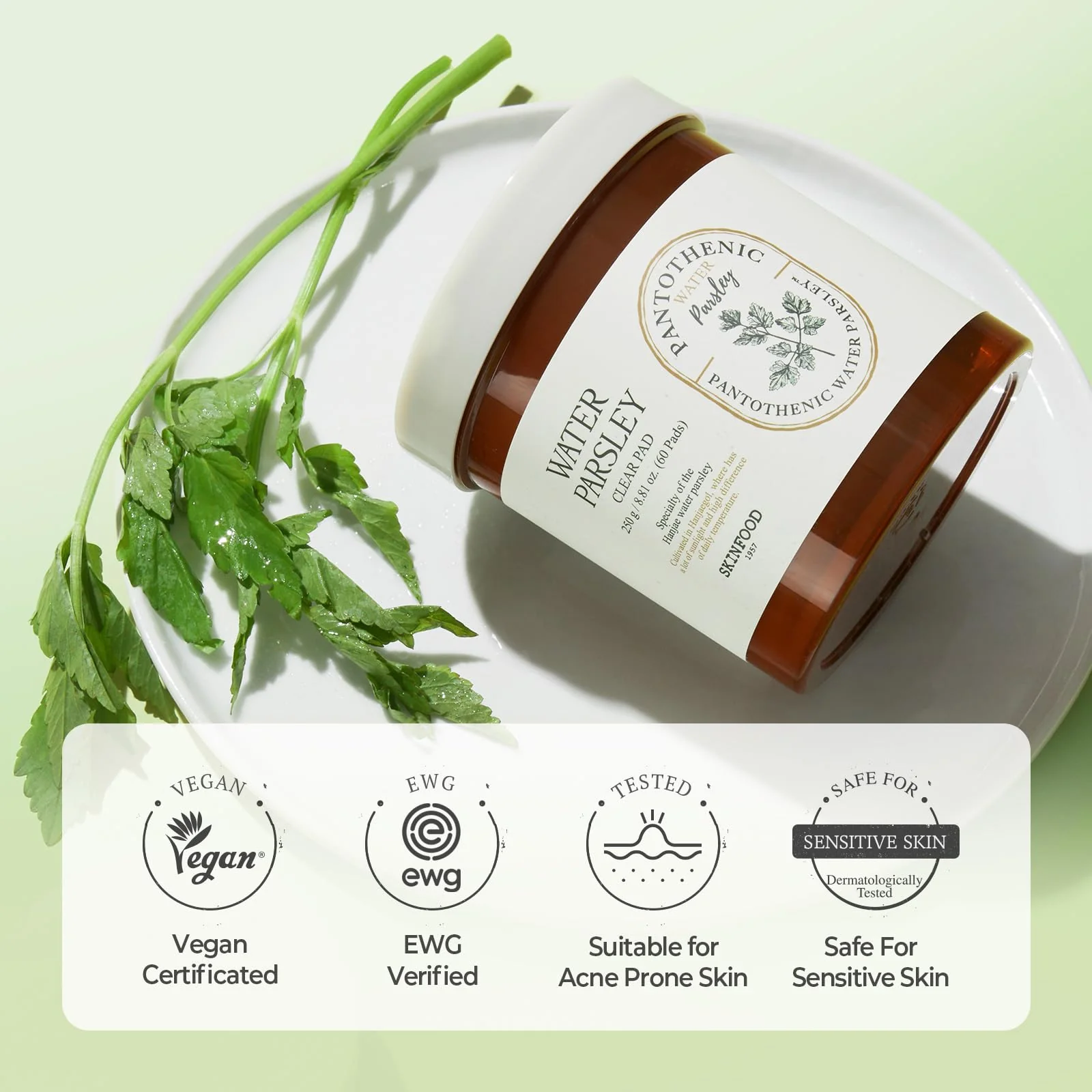 SKINFOOD Pantothenic Water Parsley Clear Toner Pad, Daily Exfoliating Pads for Sensitive Skin, Korean Skincare Sebum Control Face Toner for Trouble Skin, 8.81 oz (60 Pads) - Image 4