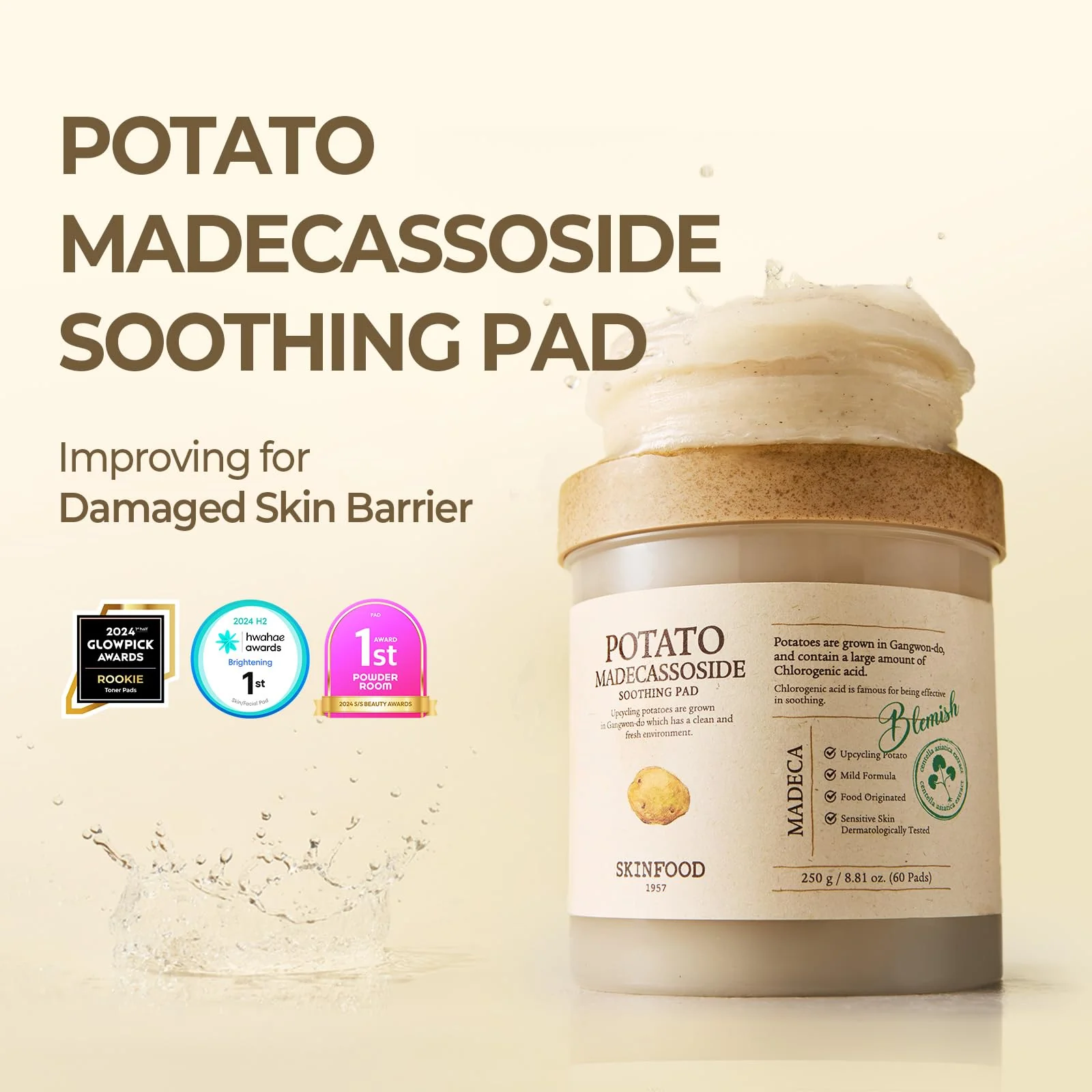 SKINFOOD Potato Madecassoside Soothing Toner Pad, Korean Skincare Facial Toner, Blemish Pads, Damaged Skin Barrier Improvement, Redness Relief, 8.81 oz (60 Pads) - Image 9
