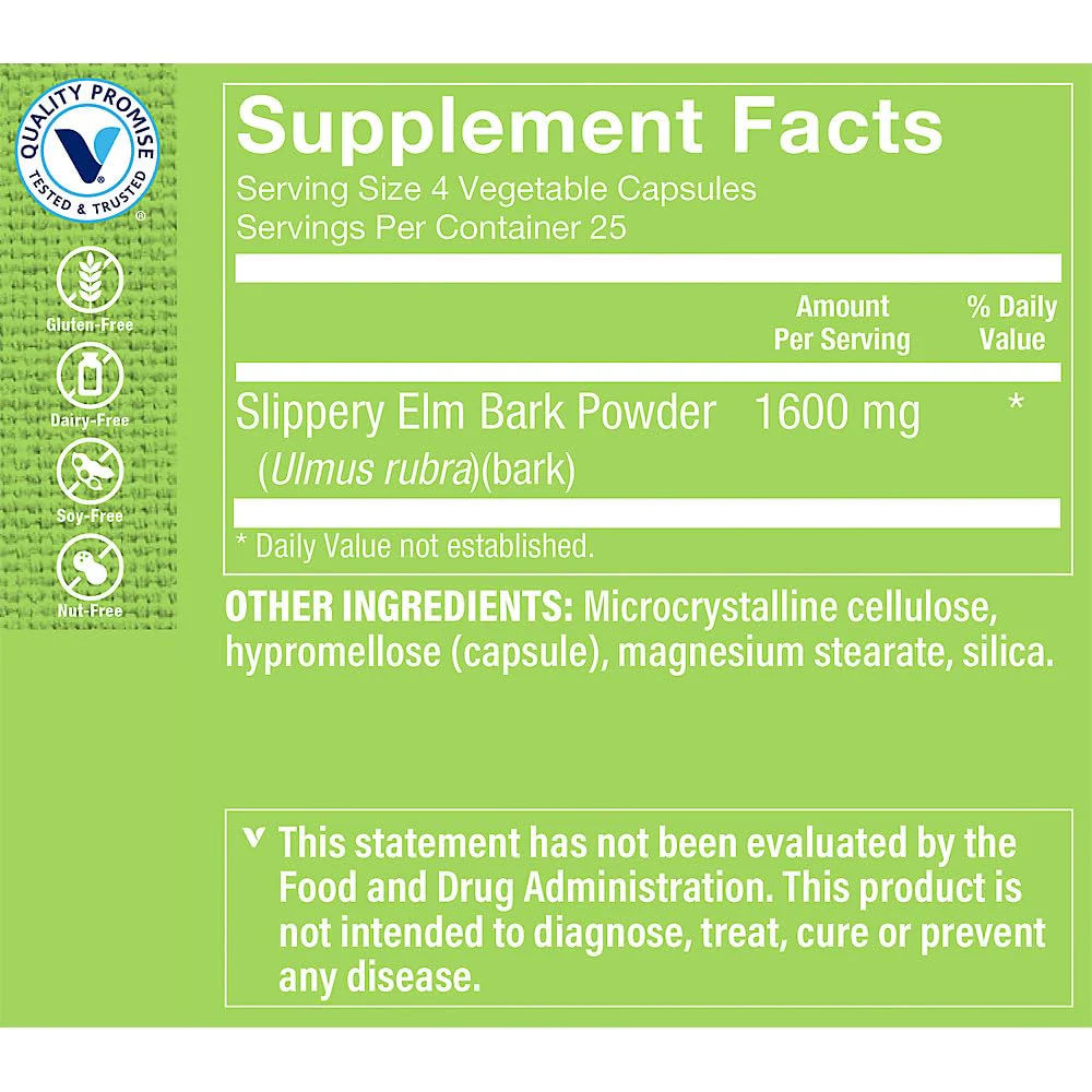 Slippery Elm Bark a Helps Coat & Soothe The GI Tract (100 Vegetable Capsules) - Image 4