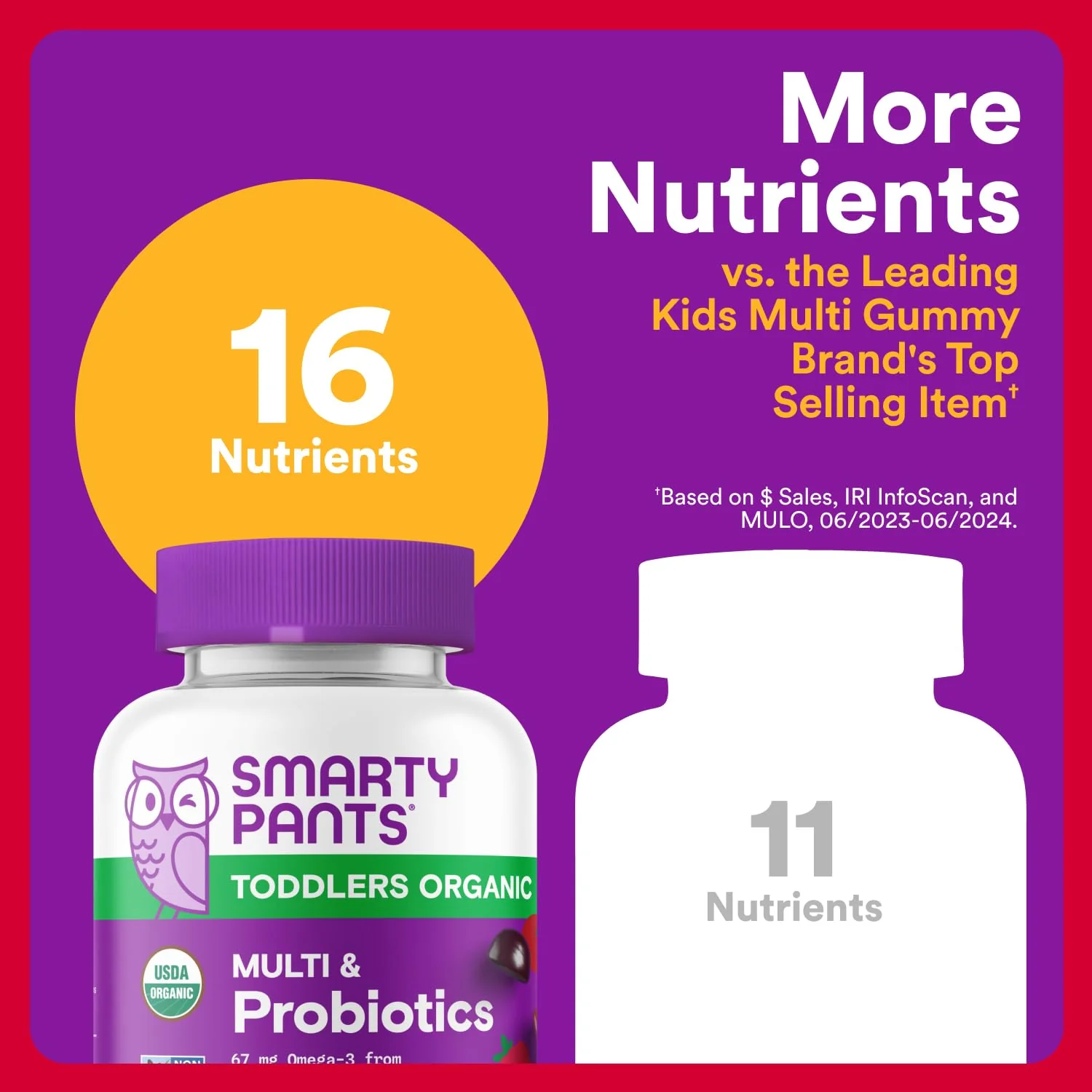 SmartyPants Organic Toddler Multivitamin Gummies: Probiotics, Omega 3 (ALA), Vitamin D3, C, Vitamin B12, B6, A, K & Zinc, Beta Carotene, Gluten Free, Three Fruit Flavors, 60 Count (30 Day Supply) - Image 9