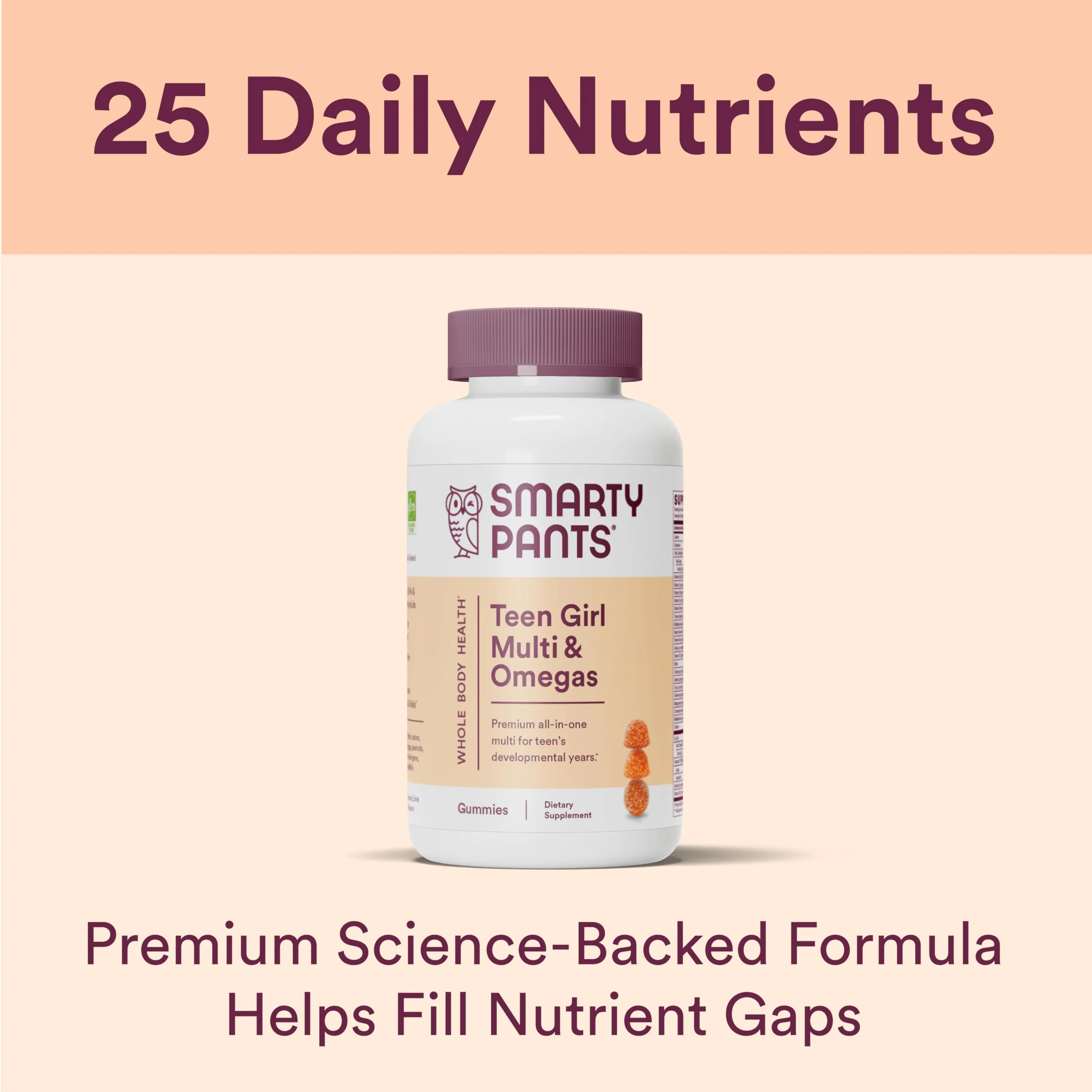 SmartyPants Teen Girl Multivitamin Gummies: Omega 3 Fish Oil (EPA/DHA), Vitamin C, D3, B12, Vitamin A, K & Zinc, Gluten Free, Includes Biotin to Support Hair, Skin & Nails, 120 Count (30 Day Supply) - Image 10