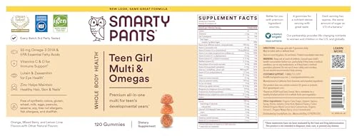 SmartyPants Teen Girl Multivitamin Gummies: Omega 3 Fish Oil (EPA/DHA), Vitamin C, D3, B12, Vitamin A, K & Zinc, Gluten Free, Includes Biotin to Support Hair, Skin & Nails, 120 Count (30 Day Supply) - Image 2