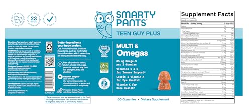 SmartyPants Teen Guy Multivitamin Gummies, Omega 3 (DHA/EPA), Vitamin D3, C, Vitamin B12, B6, A, K & Zinc, Folate, Gluten Free, Fruit Flavor, 60 Count (30 Day Supply) - Image 3