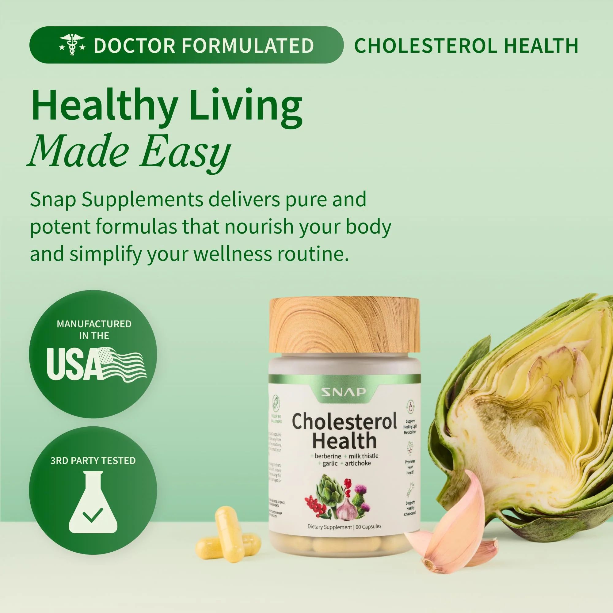 Snap Supplements Cholesterol Health - Artichoke, Milk Thistle, Garlic, and Berberine Supplement with Beta Sitosterol (95% Plant Sterols) for Digestive and Metabolic Support, 60 Capsules (30 Servings) - Image 5