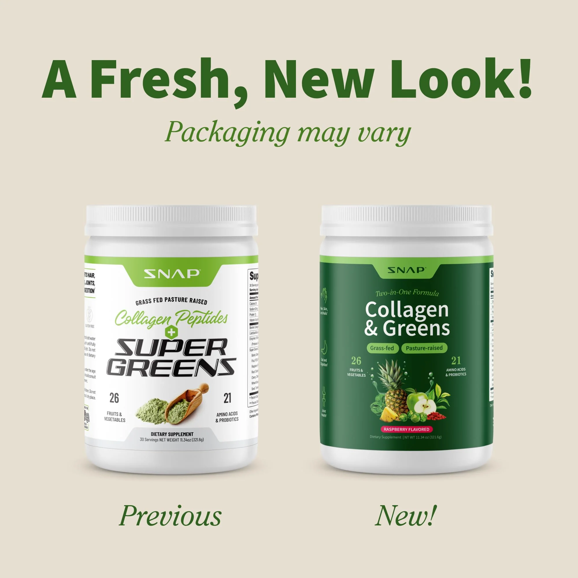 Snap Supplements Super Greens Powder with Collagen Peptides, 26 Fruits and Vegetables, Grass Fed, Non-GMO Daily Greens for Hair, Skin, Nails & Joint Support, 11.34 oz, (30 Servings, 1 Month Supply) - Image 2