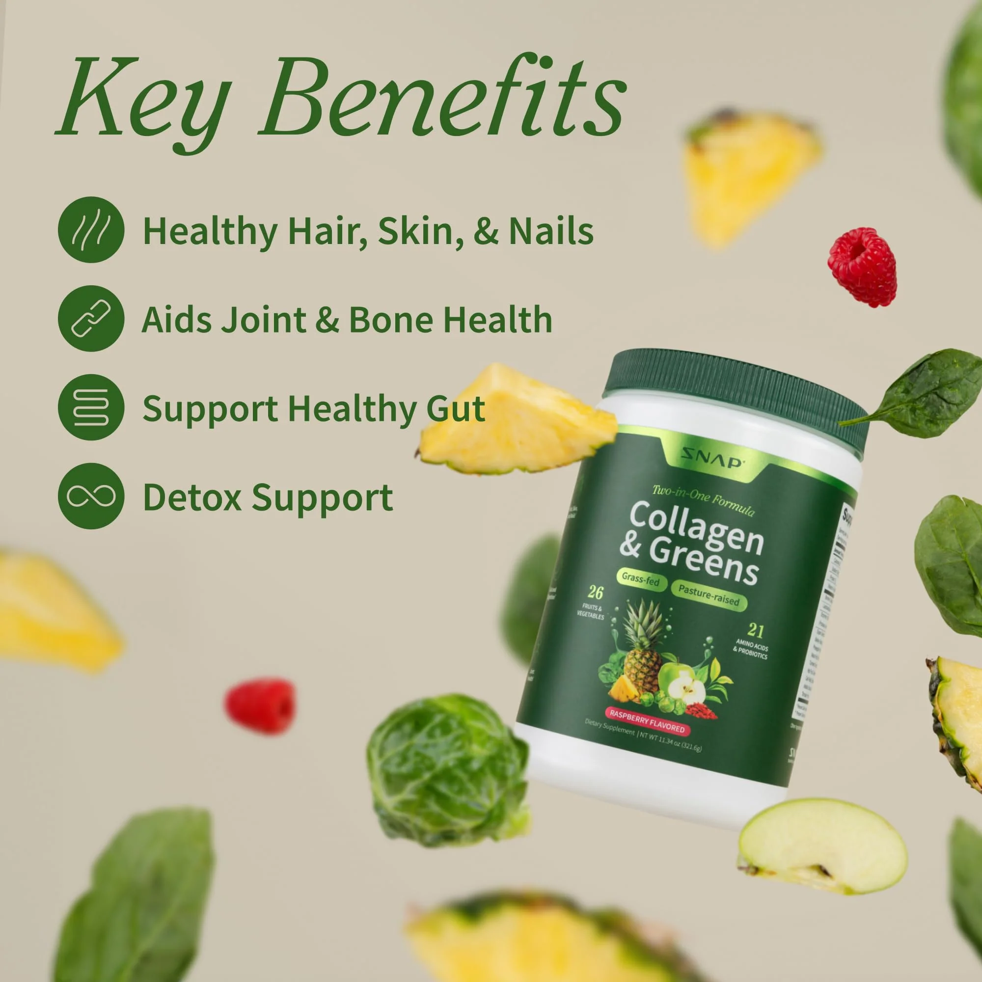 Snap Supplements Super Greens Powder with Collagen Peptides, 26 Fruits and Vegetables, Grass Fed, Non-GMO Daily Greens for Hair, Skin, Nails & Joint Support, 11.34 oz, (30 Servings, 1 Month Supply) - Image 5