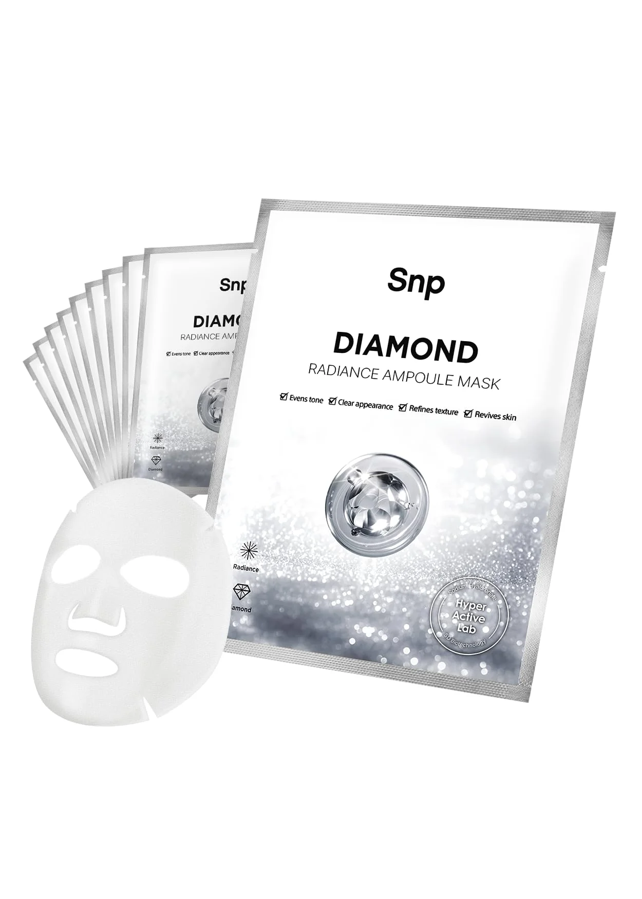 SNP 100% Diamond + 1000mg Hyaluronic Acid Sheet Mask | Tightening, Hydrating, and Nourishing with Real Diamonds for All Oily Skin Types | Korean Face Mask Skincare | Facial Moisturizing | 10 Sheets