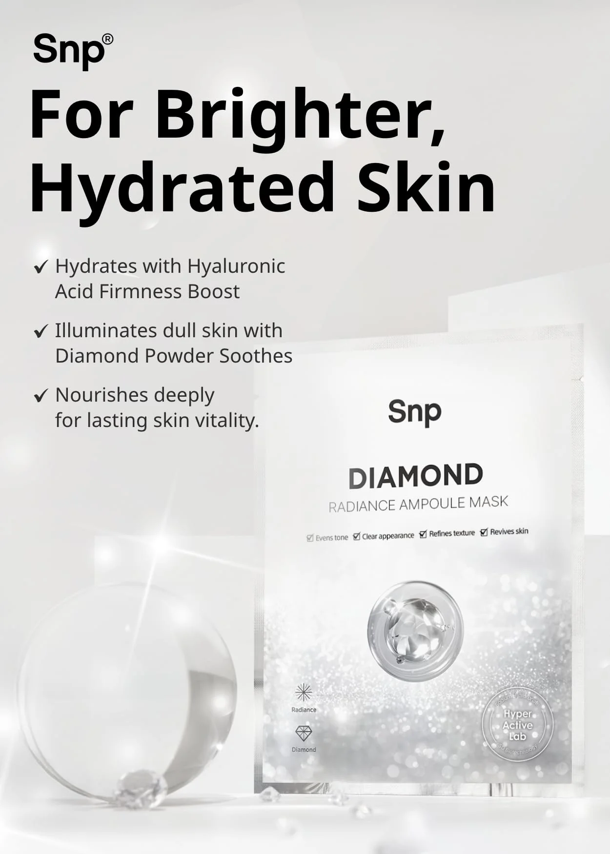 SNP 100% Diamond + 1000mg Hyaluronic Acid Sheet Mask | Tightening, Hydrating, and Nourishing with Real Diamonds for All Oily Skin Types | Korean Face Mask Skincare | Facial Moisturizing | 10 Sheets - Image 6