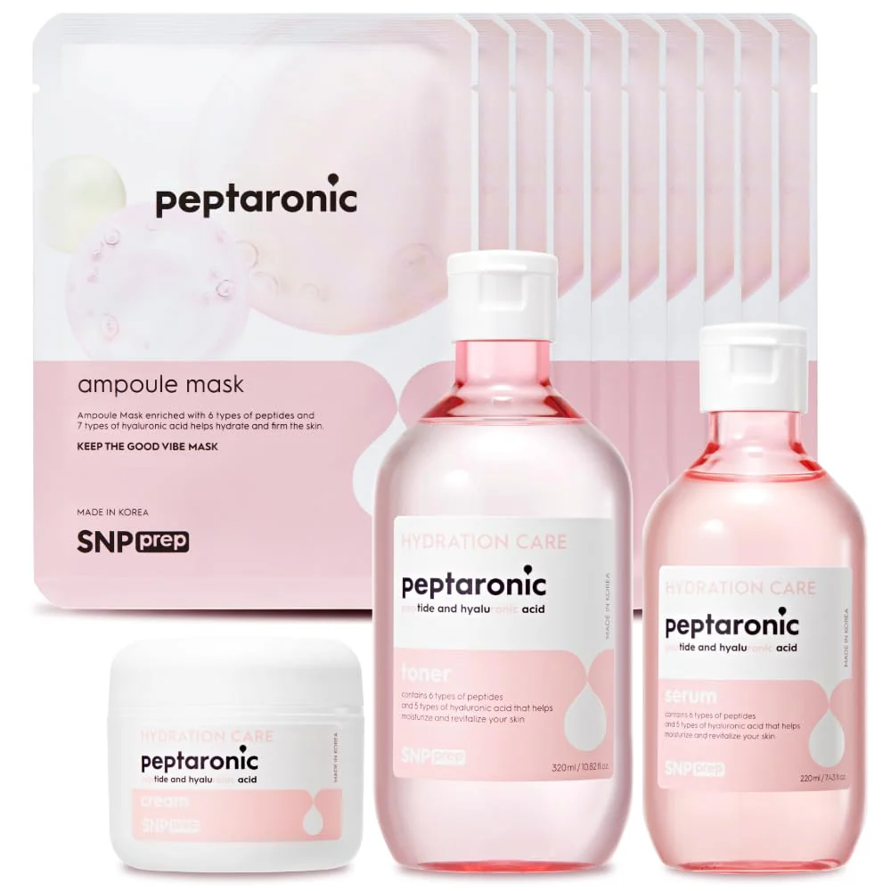 Snp 6 Peptides + 5 Hyaluronic Acid Skincare Set | 4-in-1 Kit of Toner, Serum, Cream & Sheet Masks | Moisturizing, Firming & Hydrating | Korean Skincare Set for Dry & Sensitive Skin | Peptaronic Set