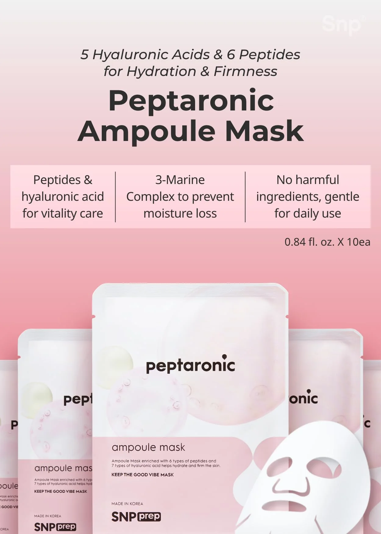 Snp 6 Peptides + 5 Hyaluronic Acid Skincare Set | 4-in-1 Kit of Toner, Serum, Cream & Sheet Masks | Moisturizing, Firming & Hydrating | Korean Skincare Set for Dry & Sensitive Skin | Peptaronic Set - Image 4