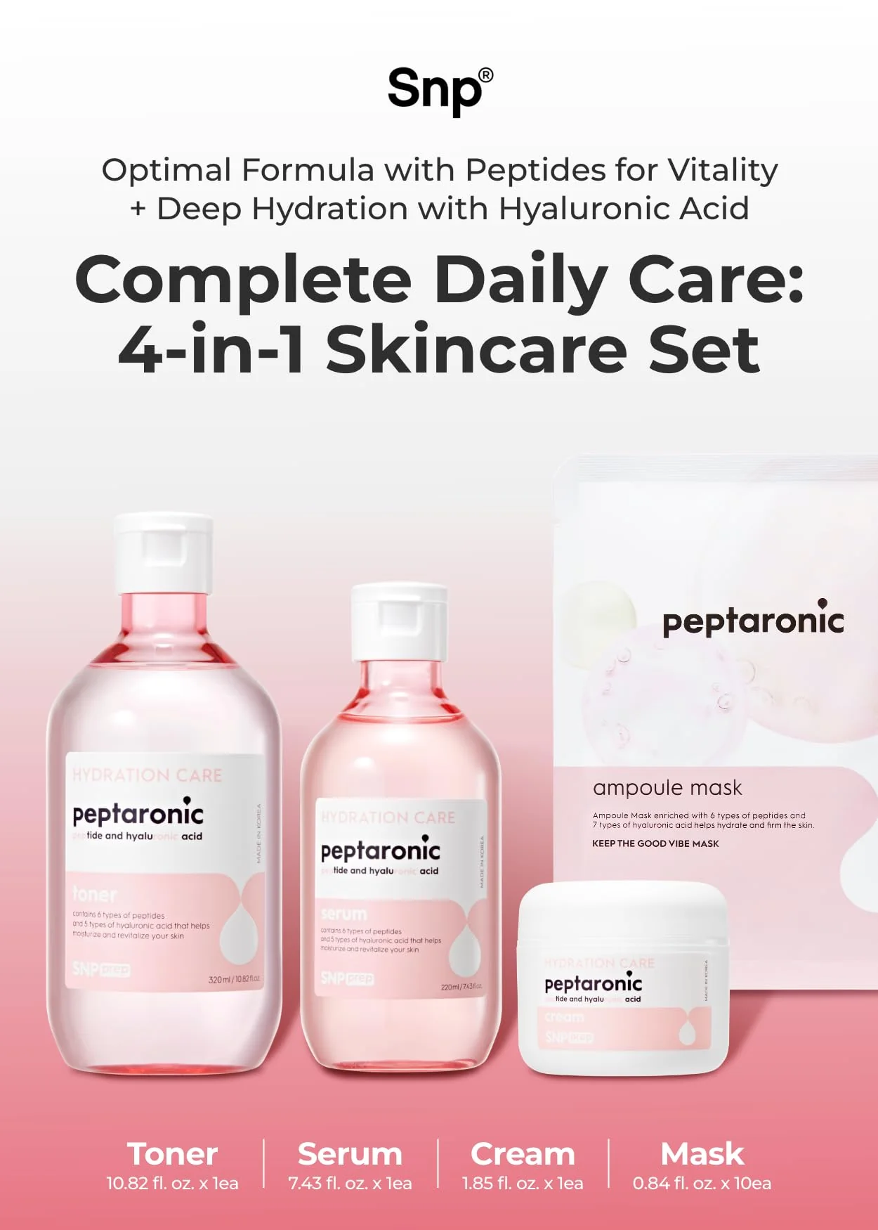 Snp 6 Peptides + 5 Hyaluronic Acid Skincare Set | 4-in-1 Kit of Toner, Serum, Cream & Sheet Masks | Moisturizing, Firming & Hydrating | Korean Skincare Set for Dry & Sensitive Skin | Peptaronic Set - Image 9