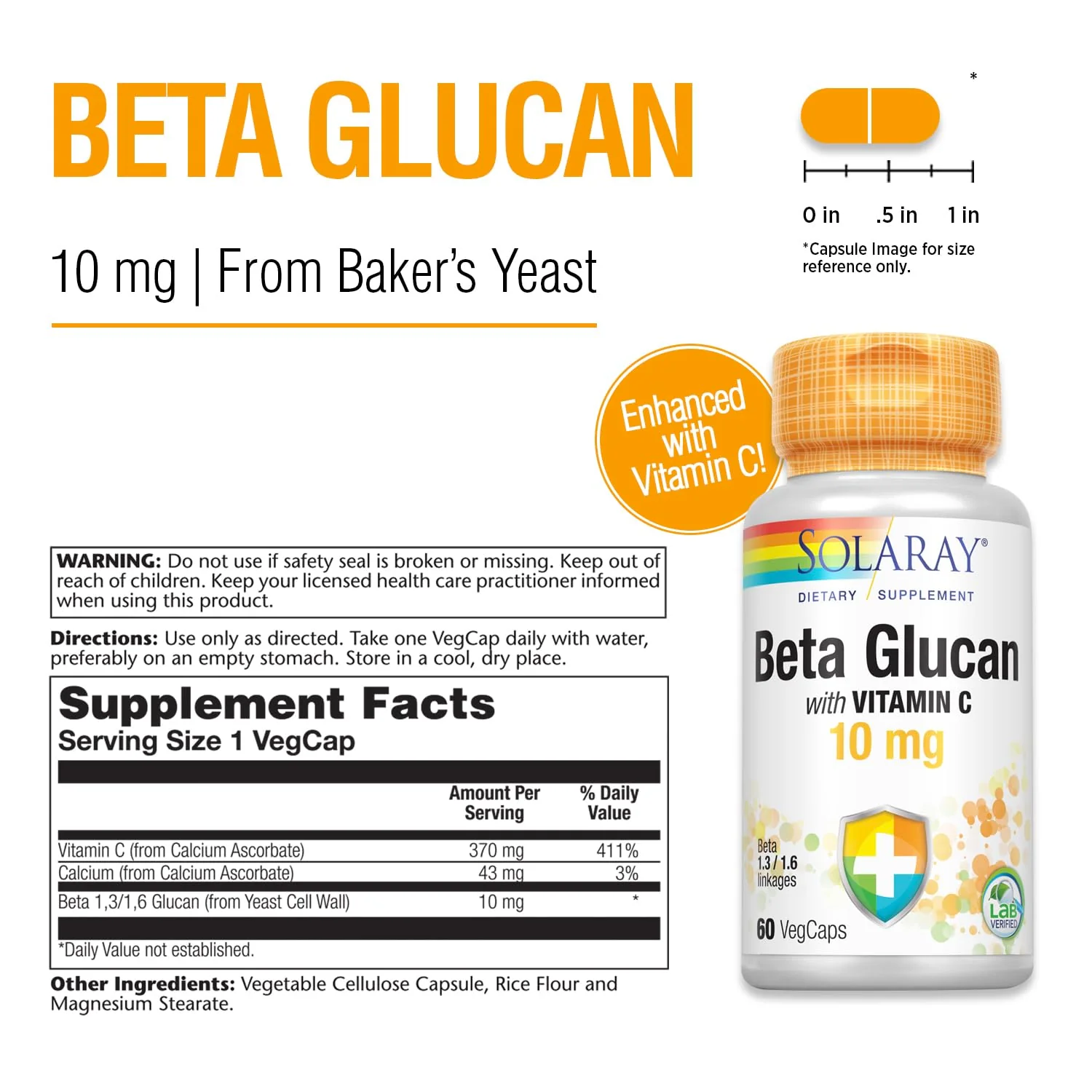 SOLARAY Beta Glucan with Vitamin C 10 mg | from Bakers Yeast | Healthy Immune System Function Support | 60 VegCaps - Image 3