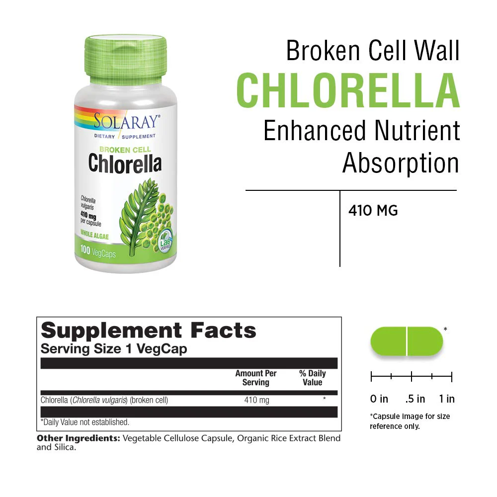 SOLARAY Broken Cell Chlorella 410 mg | Nutrient-Rich Superfood w/Naturally Occurring Protein, Vitamins, Minerals, Chlorophyll | Non-GMO | 100 VegCaps - Image 2