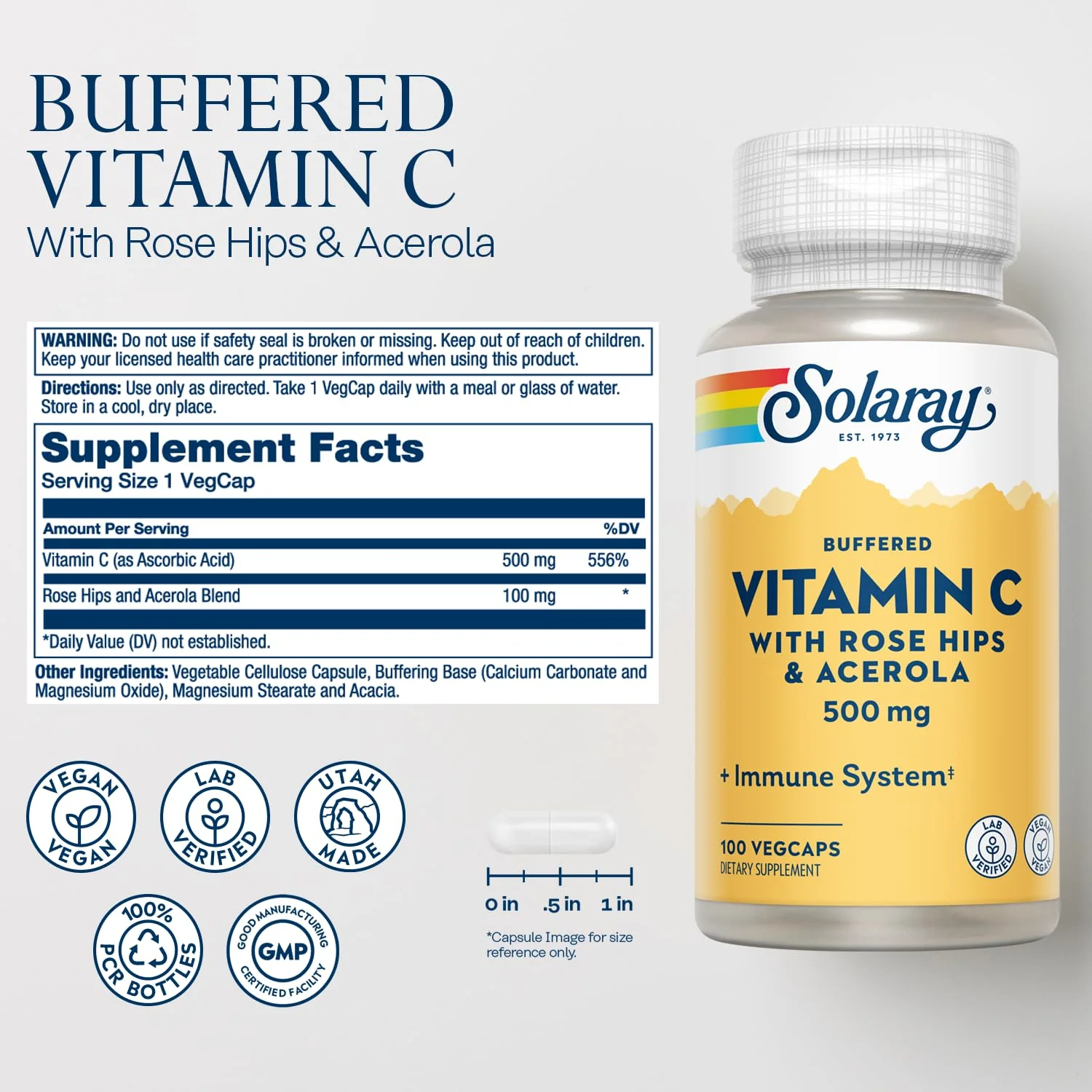 SOLARAY Buffered Vitamin C 500mg - Plus Rose HIPS and Acerola - Immune Support Supplement - Vegan, Lab Verified, 60-Day Guarantee - 100 Servings, 100 VegCaps - Image 2