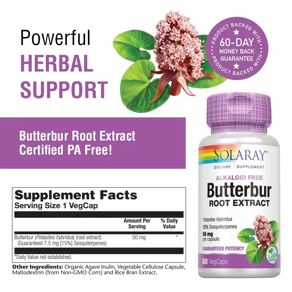SOLARAY Butterbur Root Extract 50 mg Supplement for Men & Women - Powerful Herbal Support, Vegan Butterbur Capsules - 60 Veg Caps - Image 3