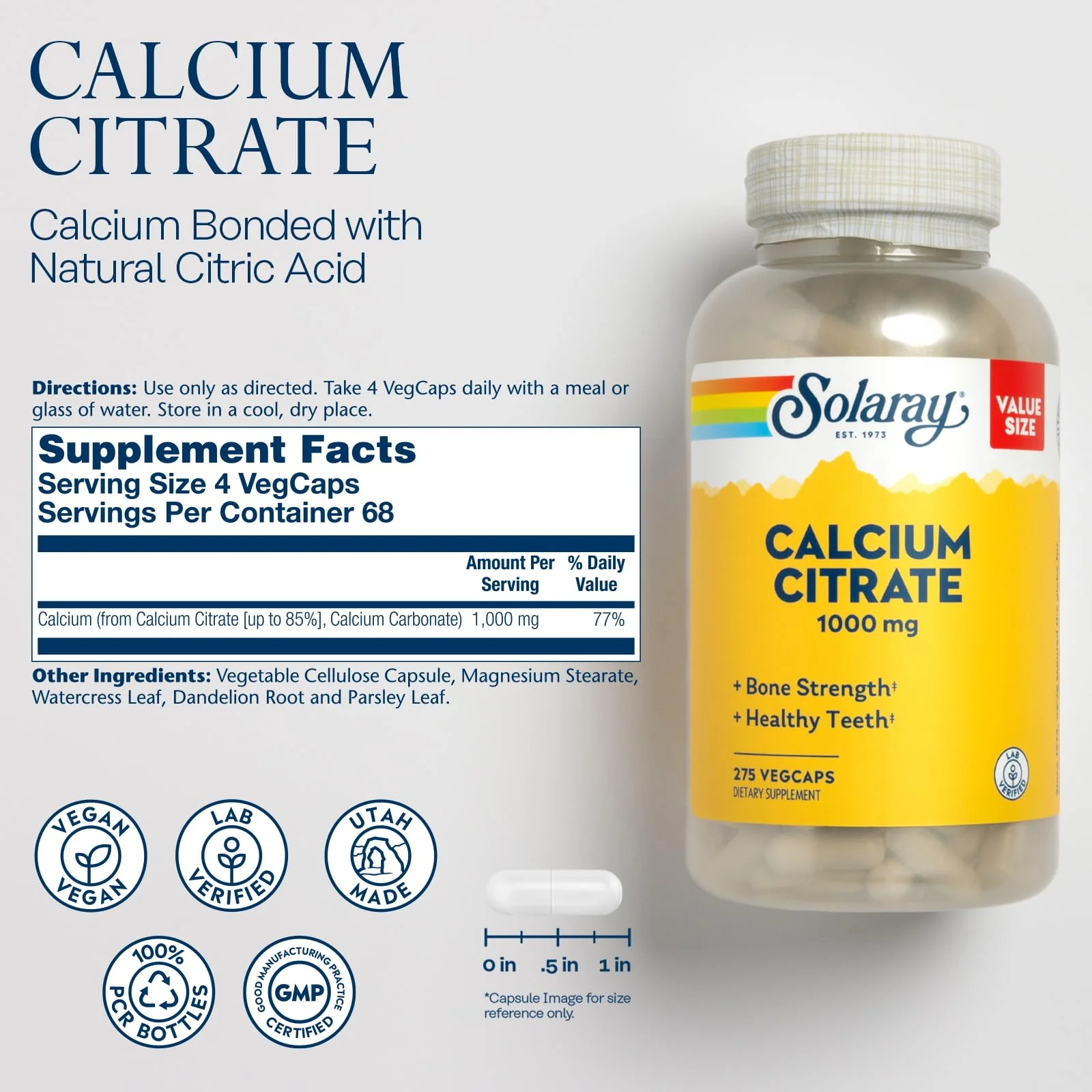 Solaray Calcium Citrate 1000mg - Chelated Calcium Supplement - Supports Bone Strength and Healthy Teeth - Easy to Digest - Vegan - 68 Servings, 275 VegCaps - Image 6